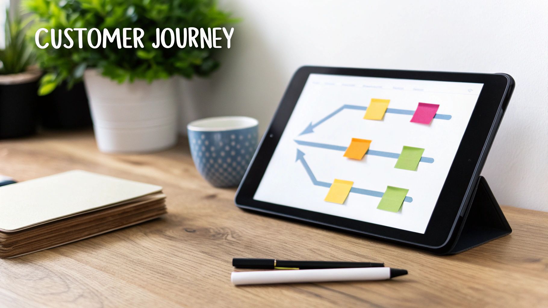 Tablet displaying a customer journey map with colorful sticky notes on a wooden desk with plants.