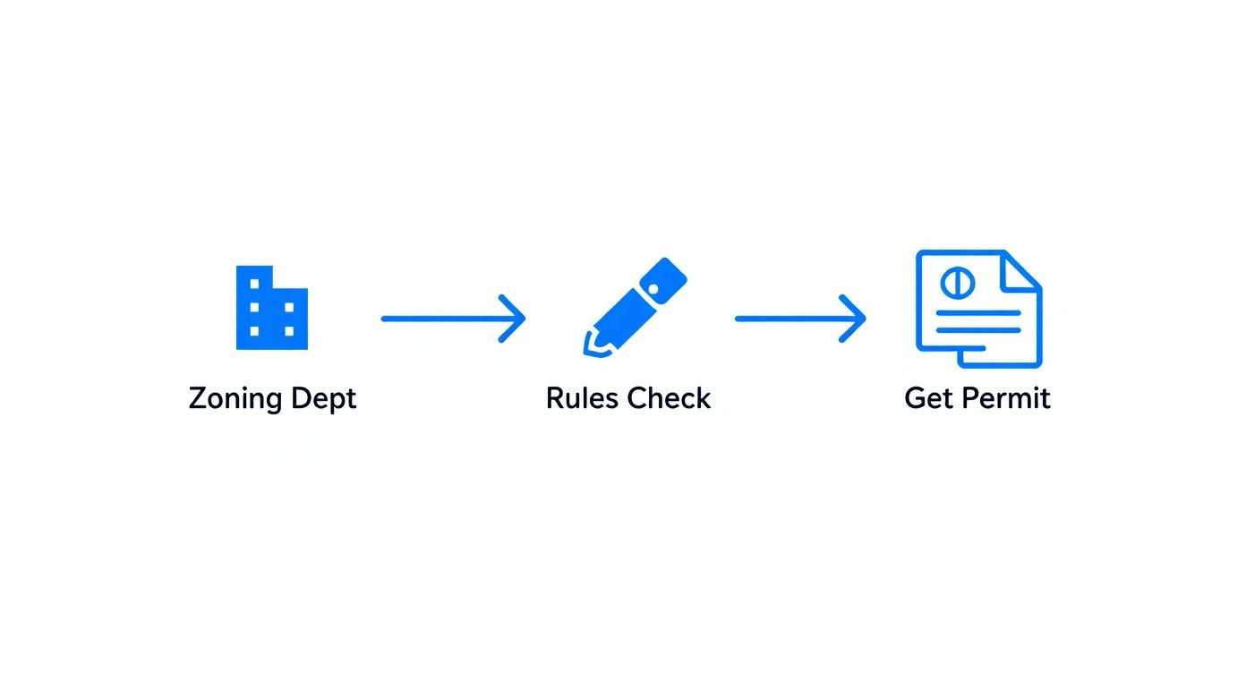 Three-step process flowchart showing zoning department, rules check, and permit approval stages