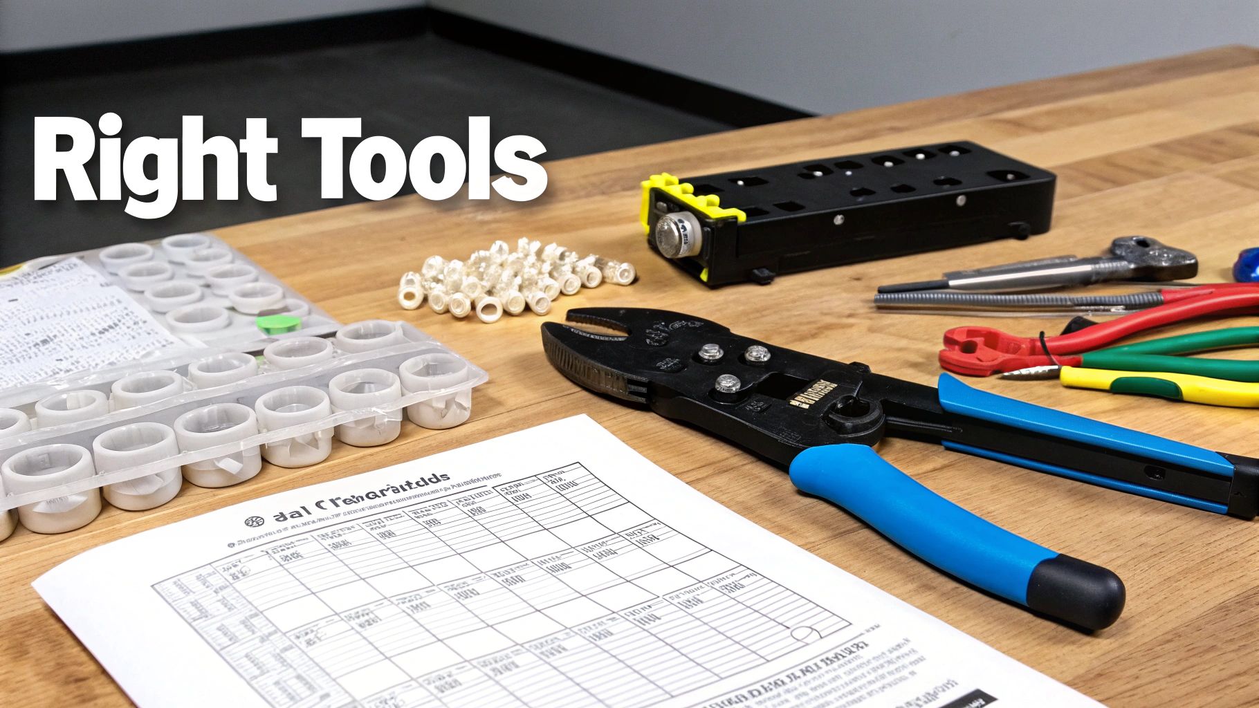 A collection of essential crimping and electrical tools, connectors, and a checklist on a wooden table.