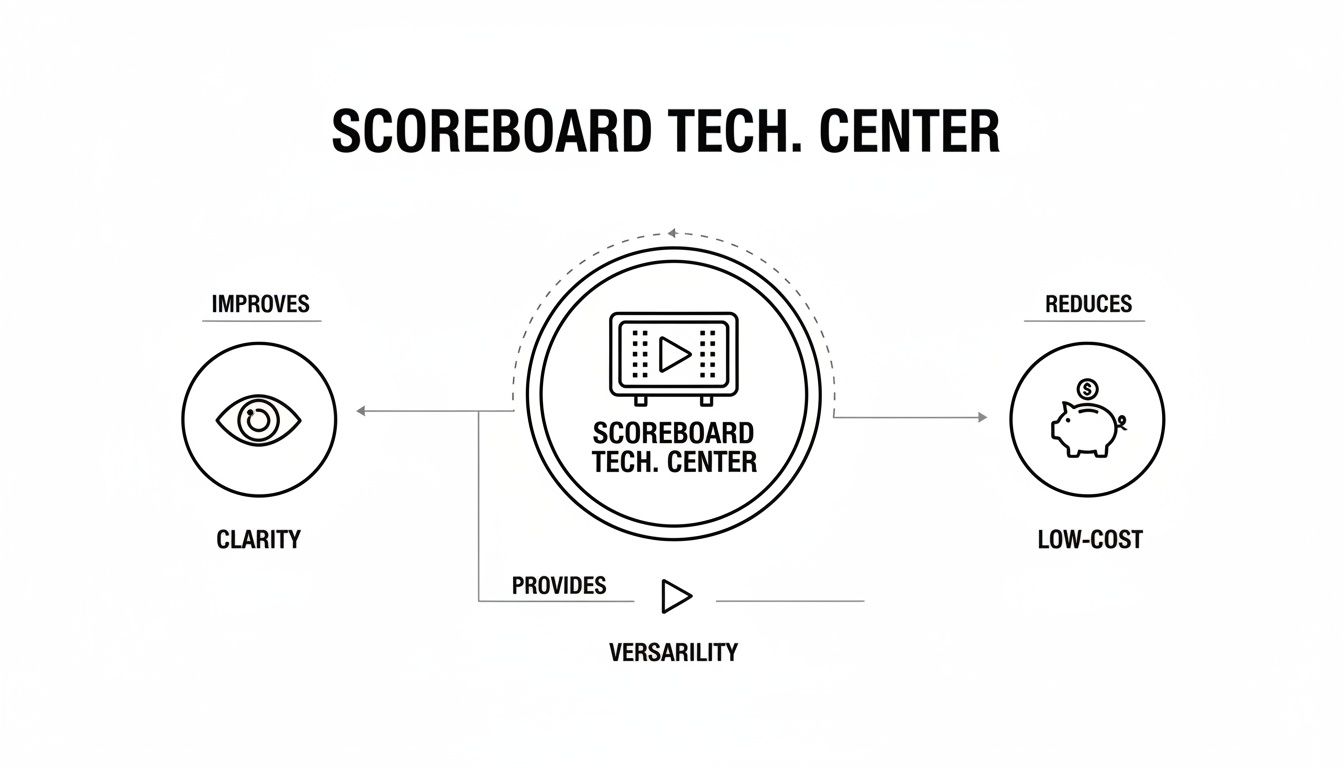 Diagram illustrating Scoreboard Tech Center benefits: improves clarity, reduces low-cost, provides versatility.