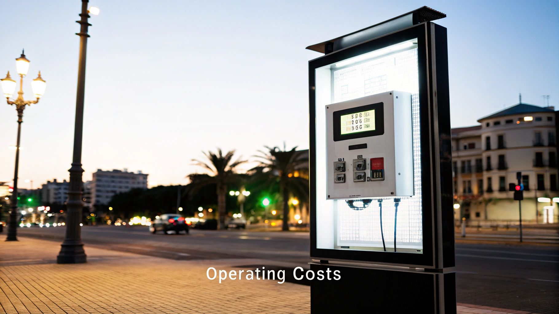 Modern digital display kiosk showing operating costs on a city street at dusk.