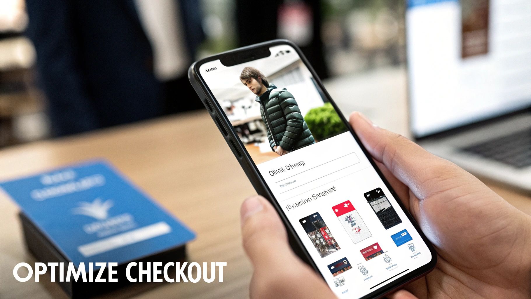 Person using a smartphone for mobile checkout, displaying clothing items near a payment terminal.