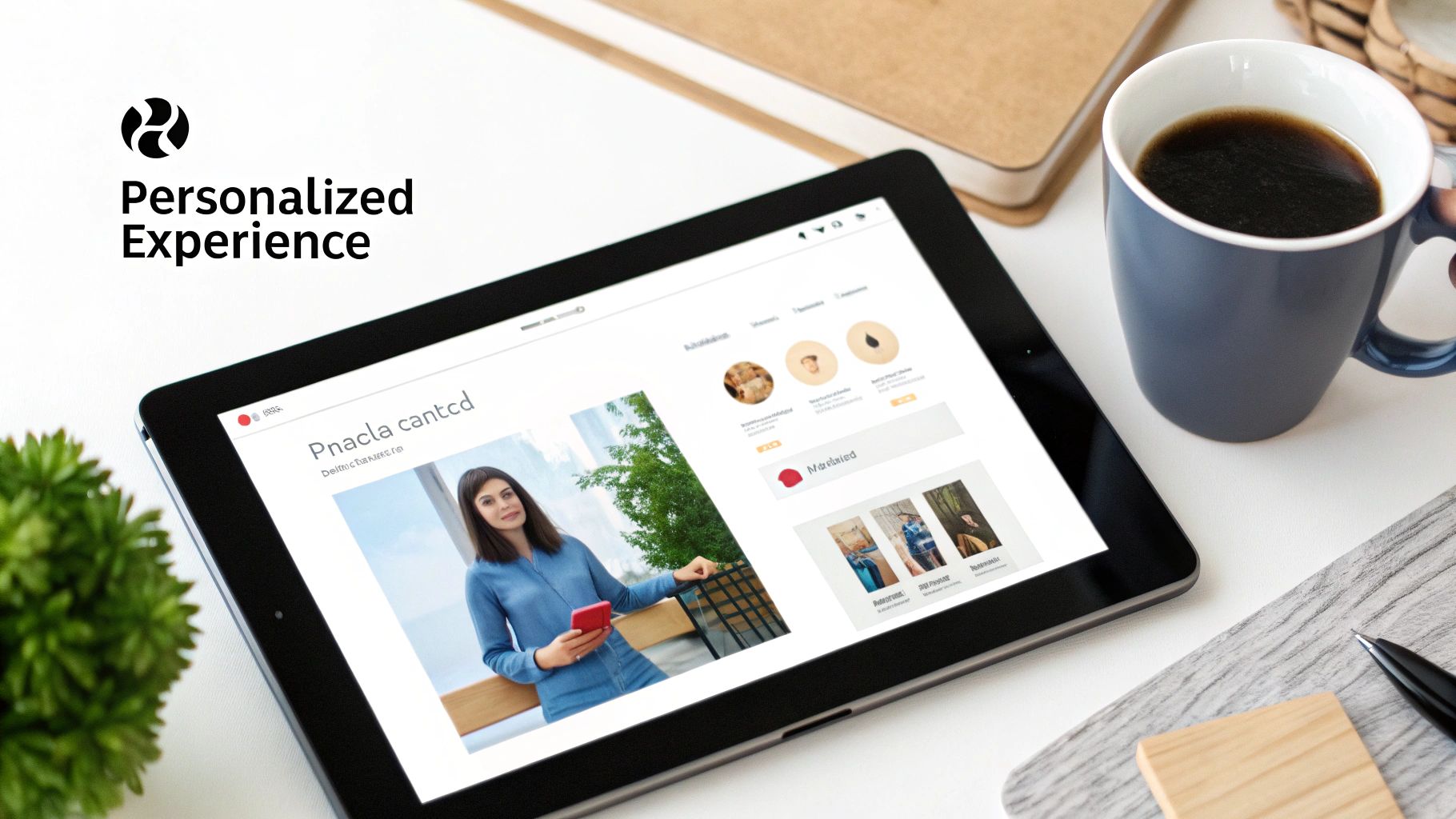 A tablet shows a personalized user experience with a woman on screen, beside a coffee cup.