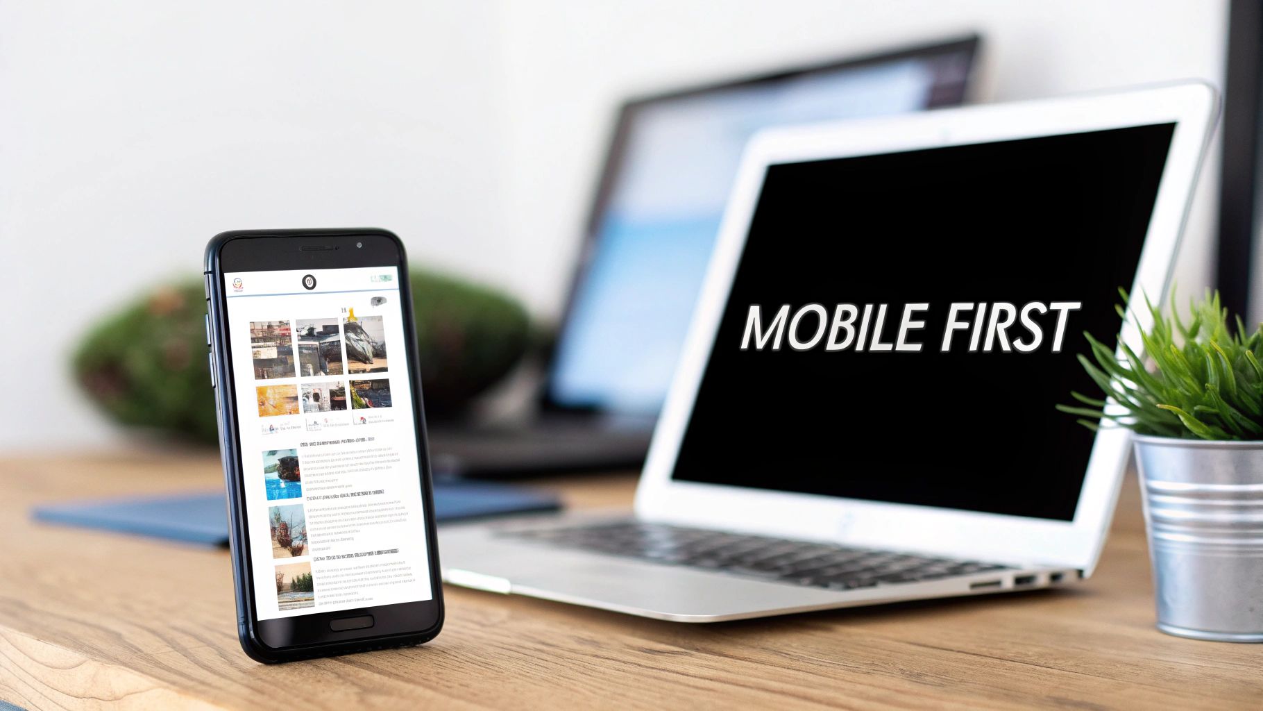 Mobile phone displaying website content next to laptop showing mobile first text on desk