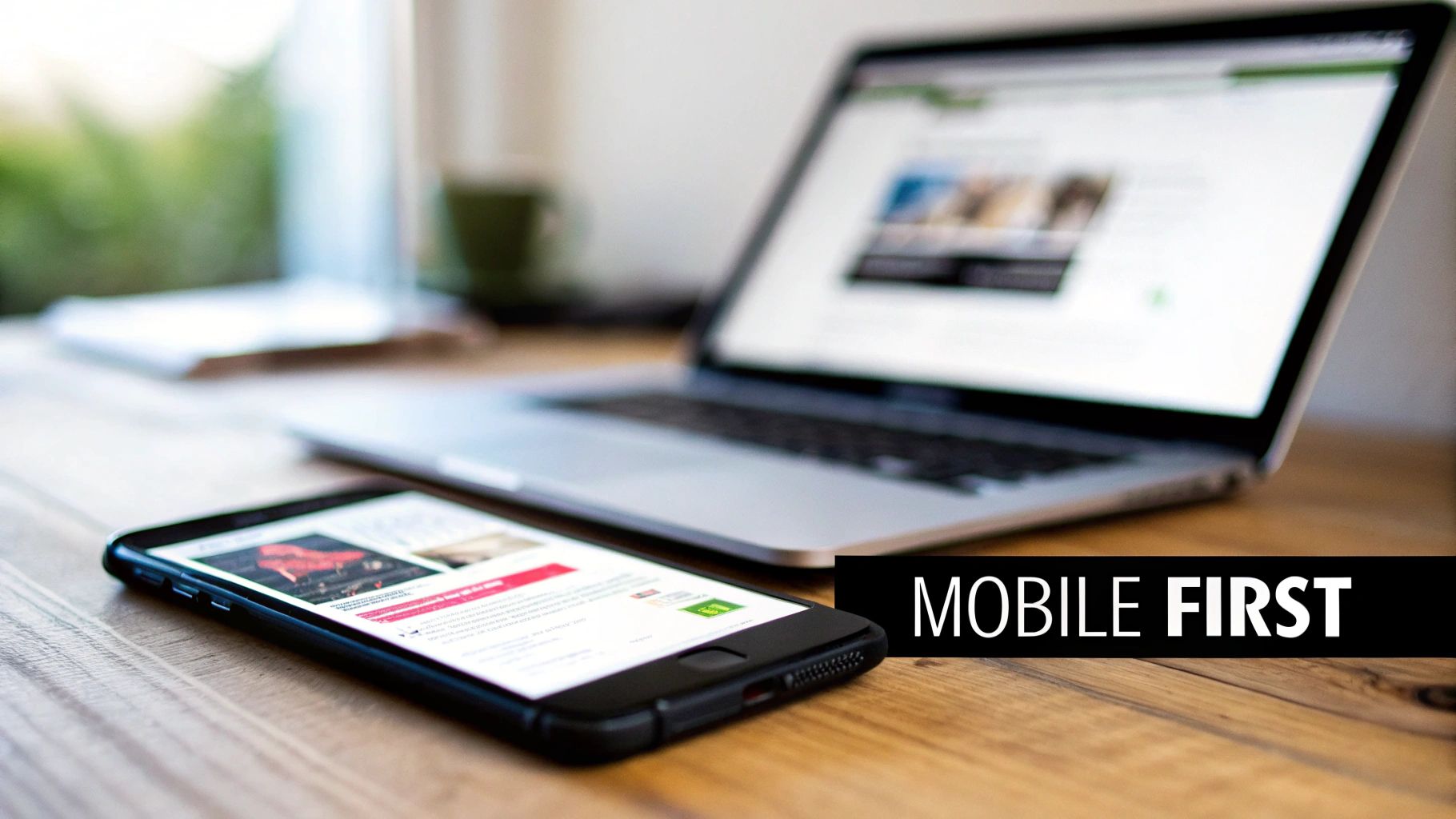 A smartphone displaying a website on a wooden desk, with a laptop in the background, and a 'MOBILE FIRST' banner.