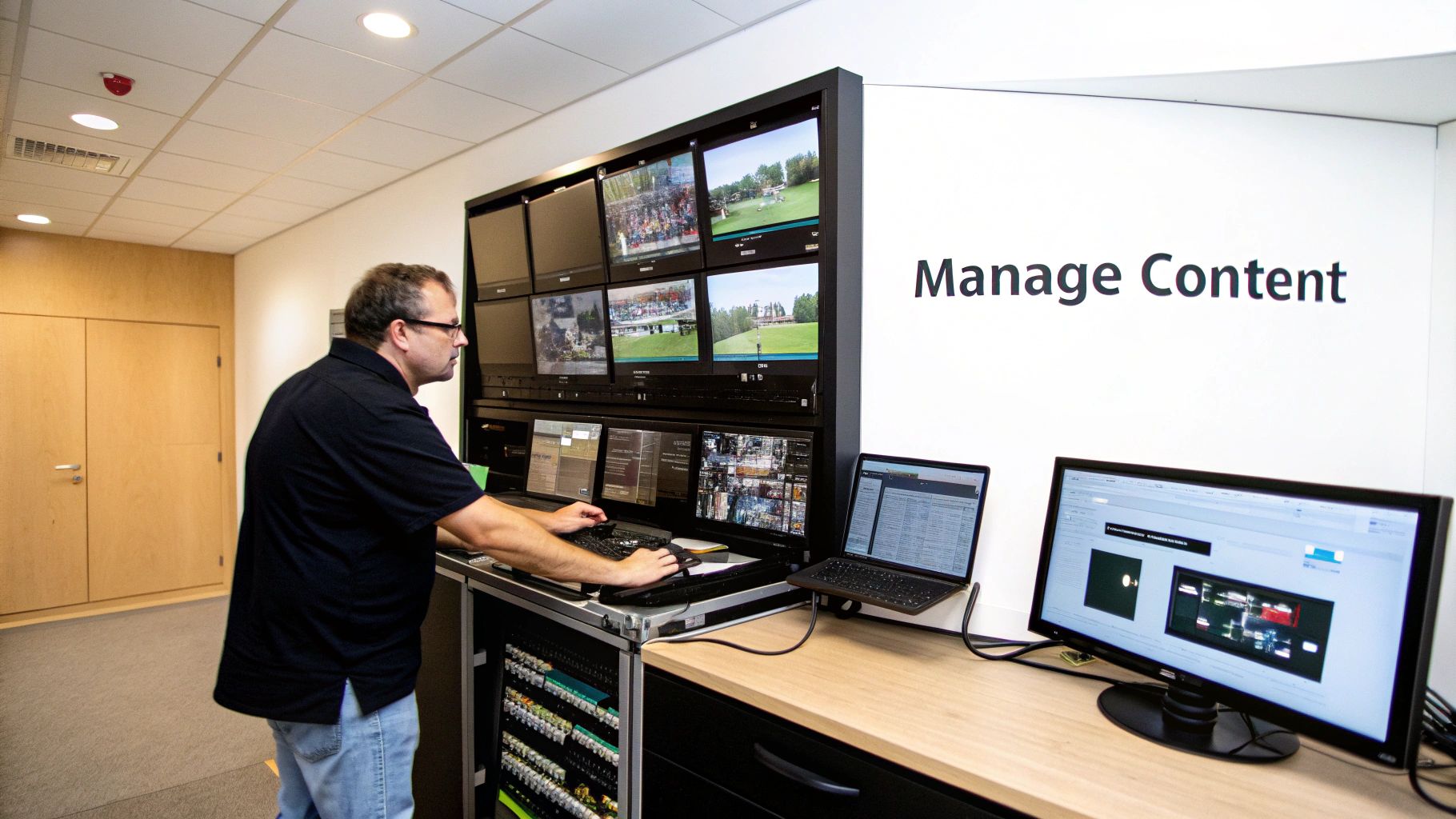 Your Complete Guide to Stage LED Screen Technology 3 A man manages content in a control room with multiple video screens and computers.