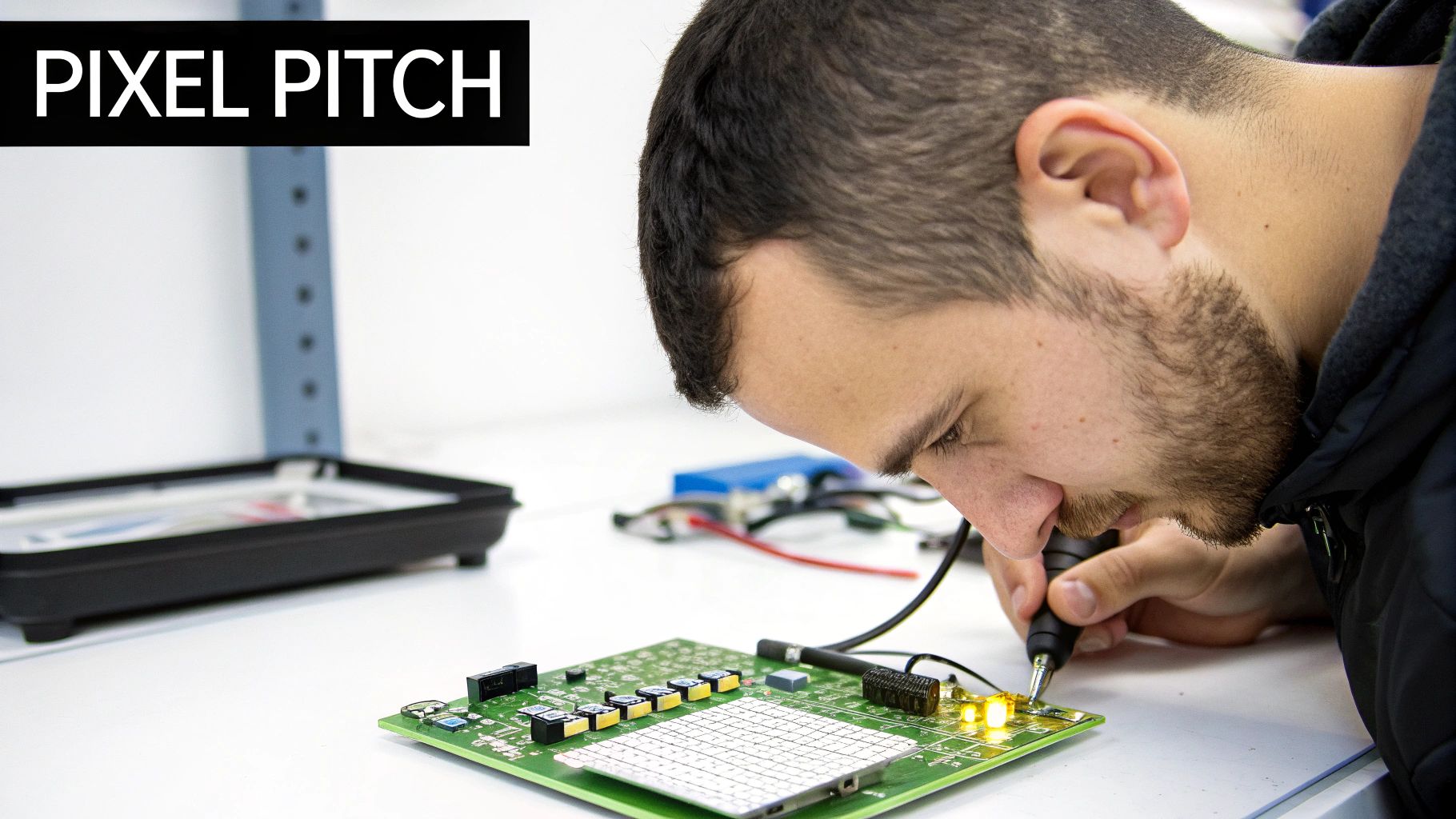 A focused man with a beard uses a tool to work on a glowing green circuit board.