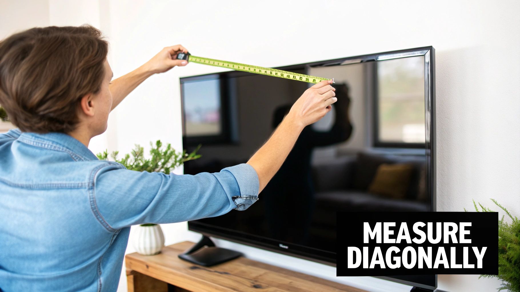 How to Measure a TV Screen the Right Way 1 A person in a denim shirt measures a television screen diagonally with a yellow tape measure.