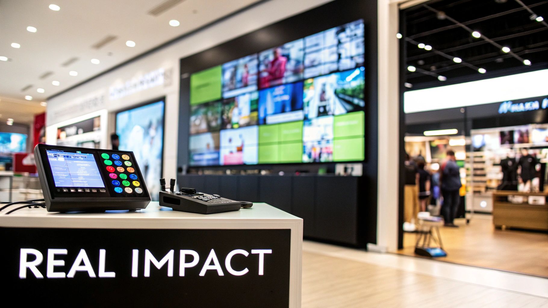 A modern control panel with colorful buttons and a large video wall in a retail store.