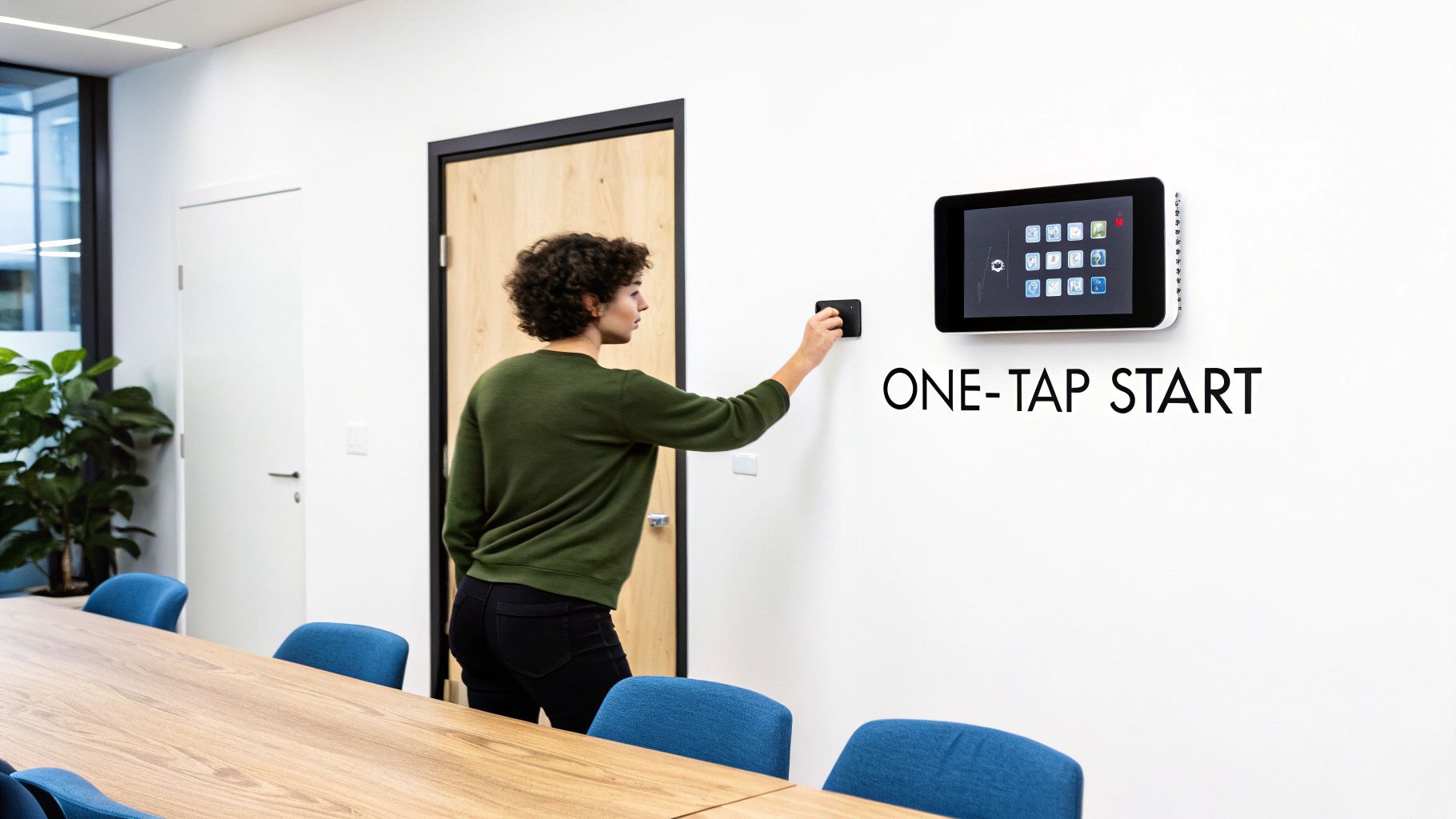 Woman using a one-tap start system with a tablet display in a modern conference room.