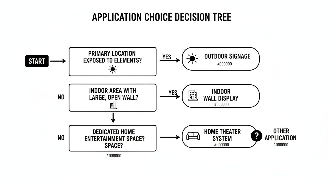 A decision tree flowchart guiding the choice of applications for outdoor, indoor, or home theater systems.