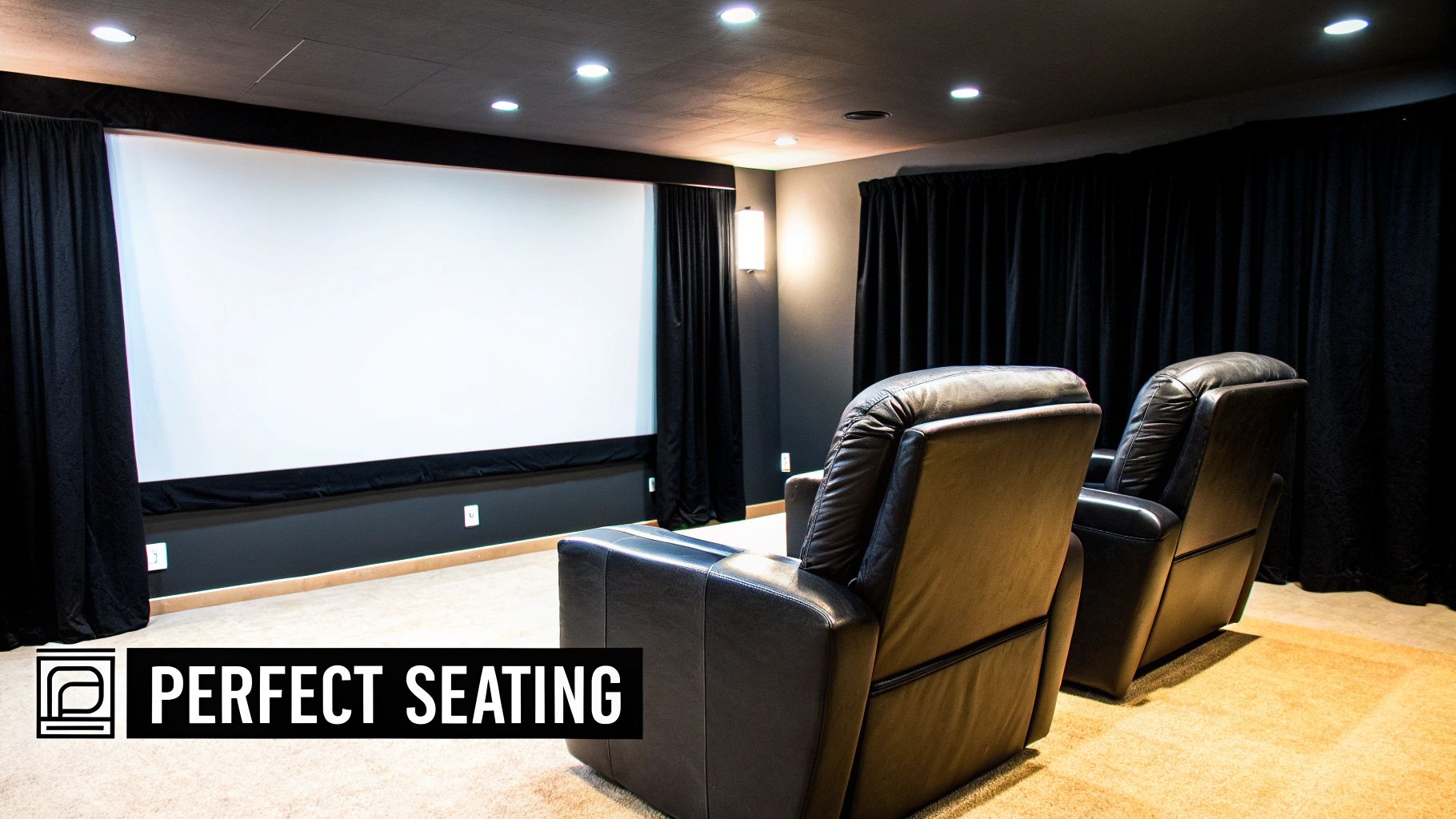 A dedicated home theater room with a large white screen, dark curtains, and two black recliners.