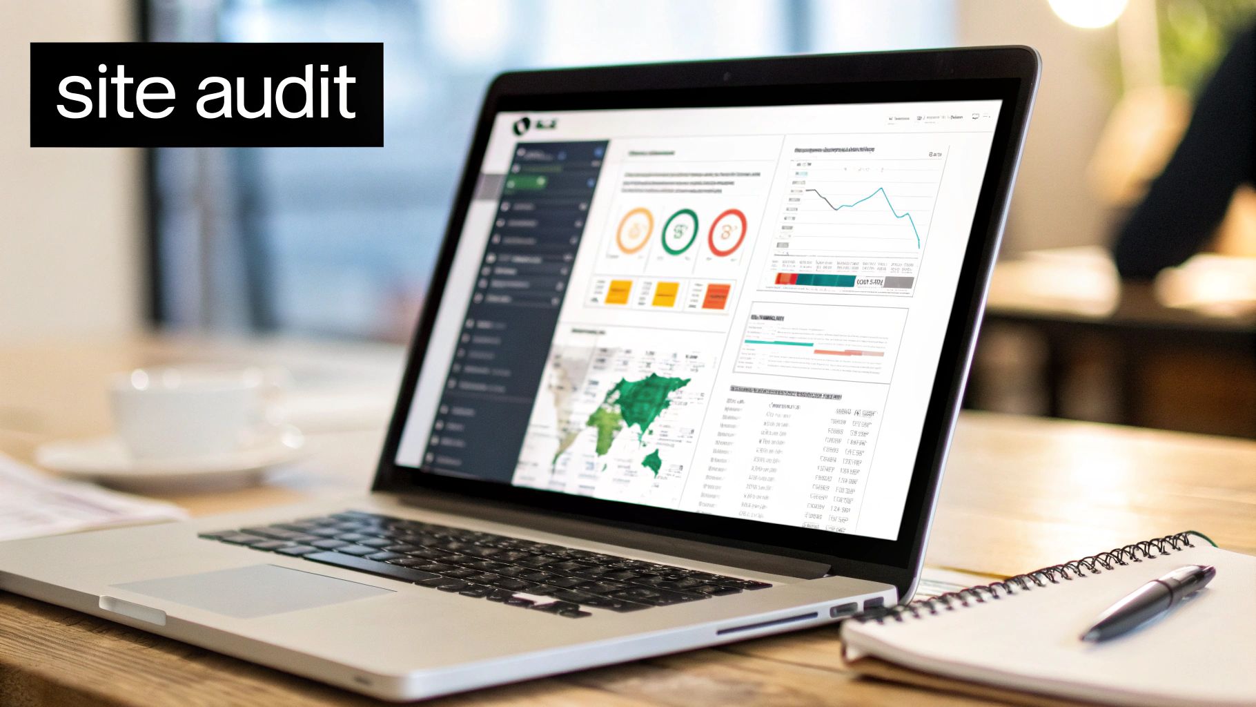 A laptop displaying a site audit dashboard with charts, graphs, and a world map.