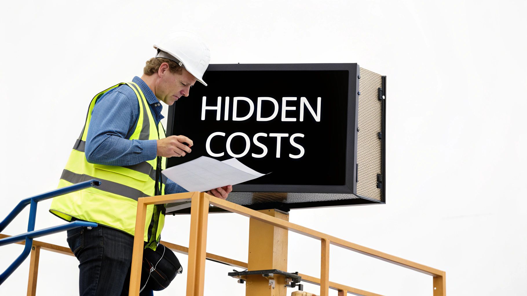 A construction worker in a hard hat and safety vest reviews documents next to a screen displaying 'HIDDEN COSTS'.