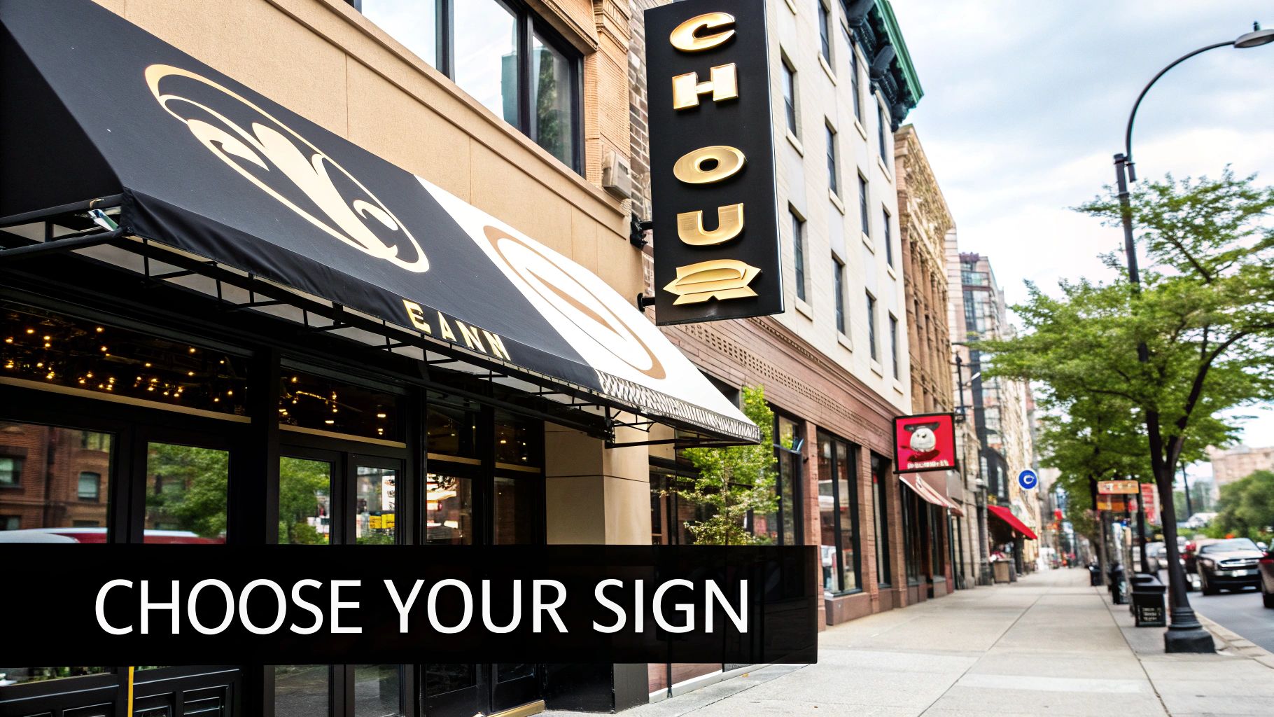 Urban street view showcasing restaurant exterior signage with prominent black awning and vertical sign