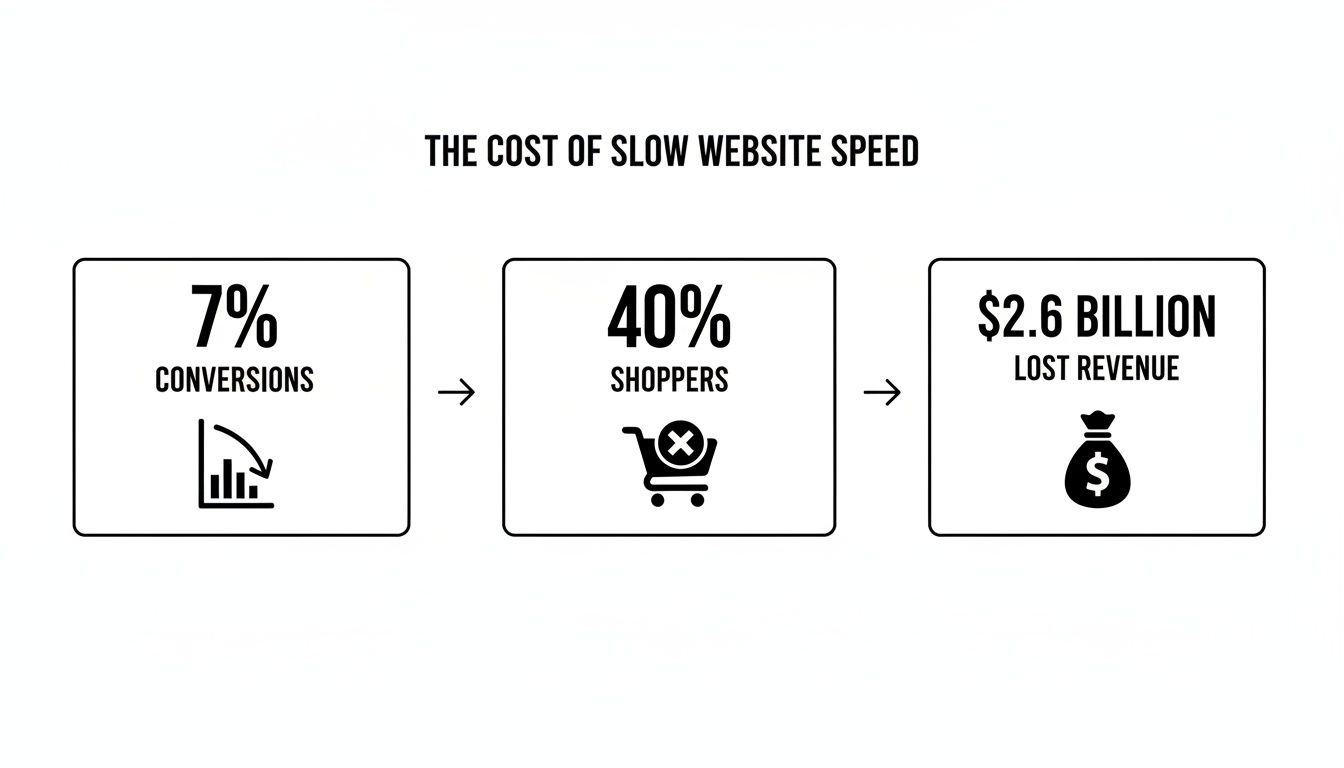 Infographic showing the cost of slow website speed: 7% fewer conversions, 40% lost shoppers, and $2.6 billion lost revenue.