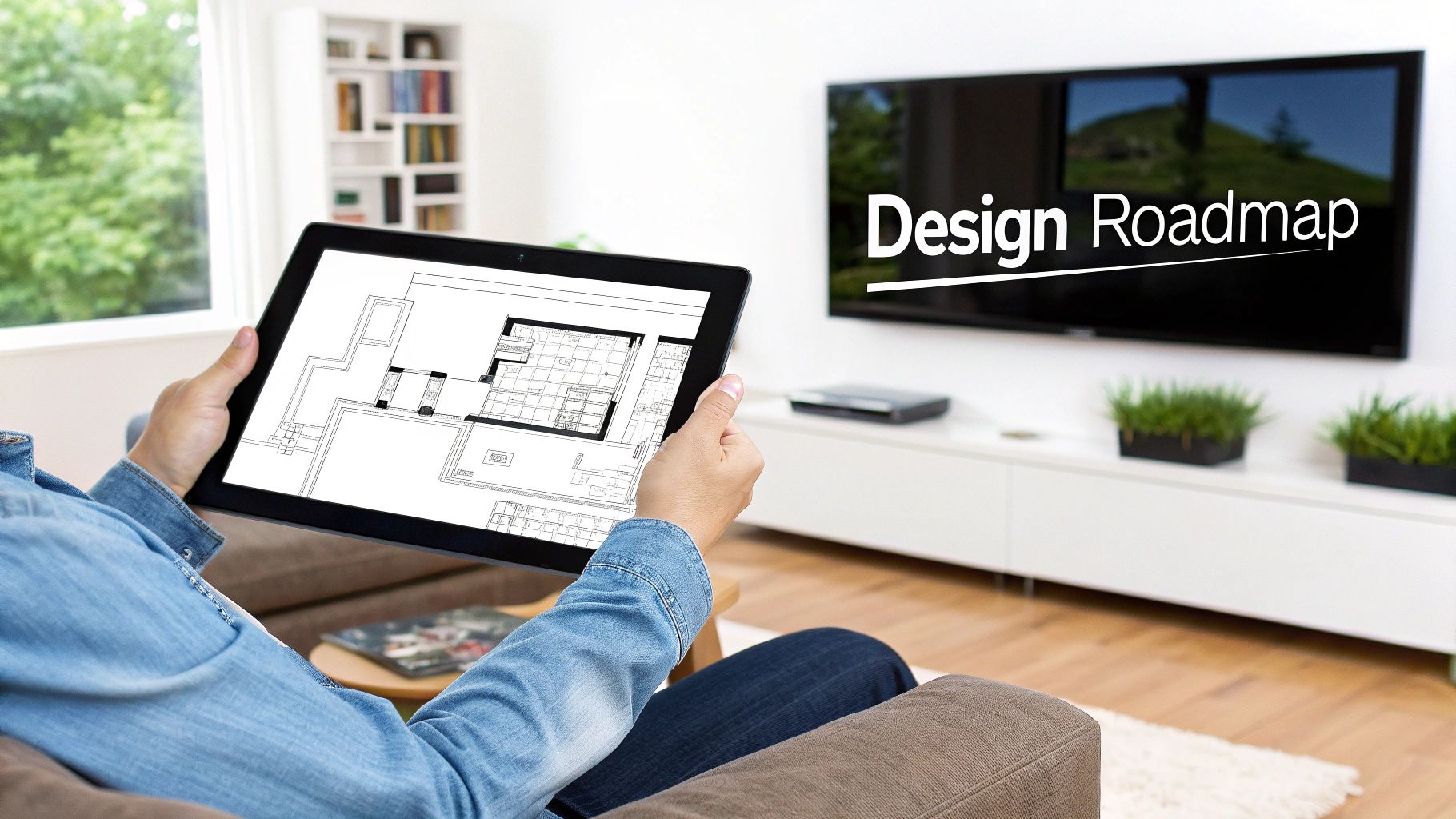 A person reviews a home floor plan on a tablet, with a TV displaying 'Design Roadmap' in the background.