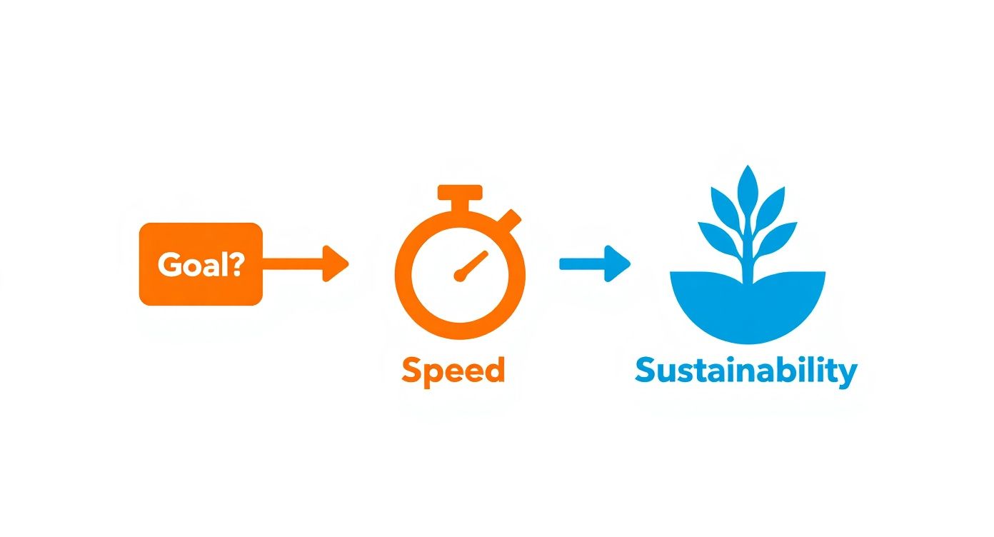 Infographic decision tree asking "What is your goal?" with two paths: "Speed" leading to paid traffic and "Sustainability" leading to organic traffic.