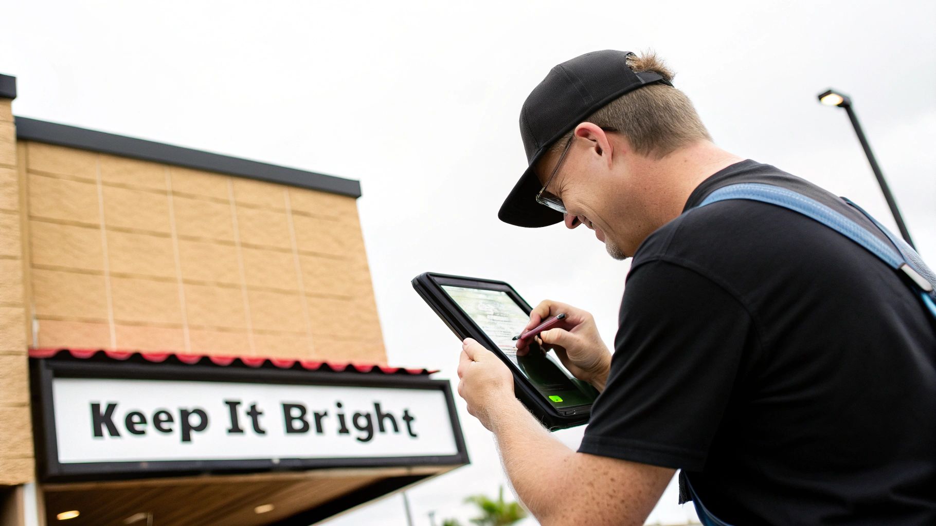 A technician performing maintenance on a large outdoor LED sign for a business.