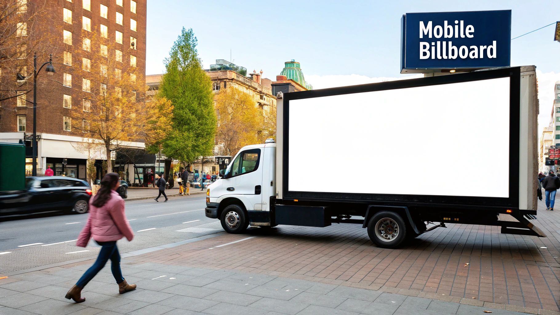 Digital Billboard Truck: Boost Your Campaign with Mobile Ads 1 A white mobile billboard truck with a blank screen is parked on a busy city street.