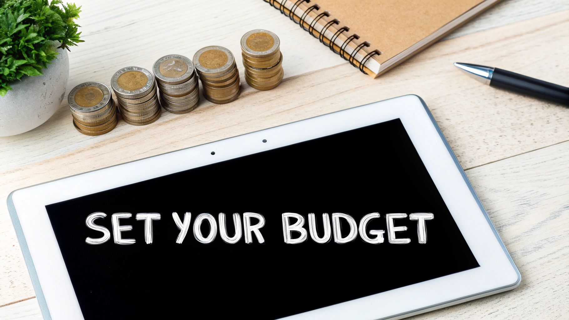 A tablet displays 'SET YOUR BUDGET' surrounded by stacks of coins, a plant, notebook, and pen on a wooden desk.