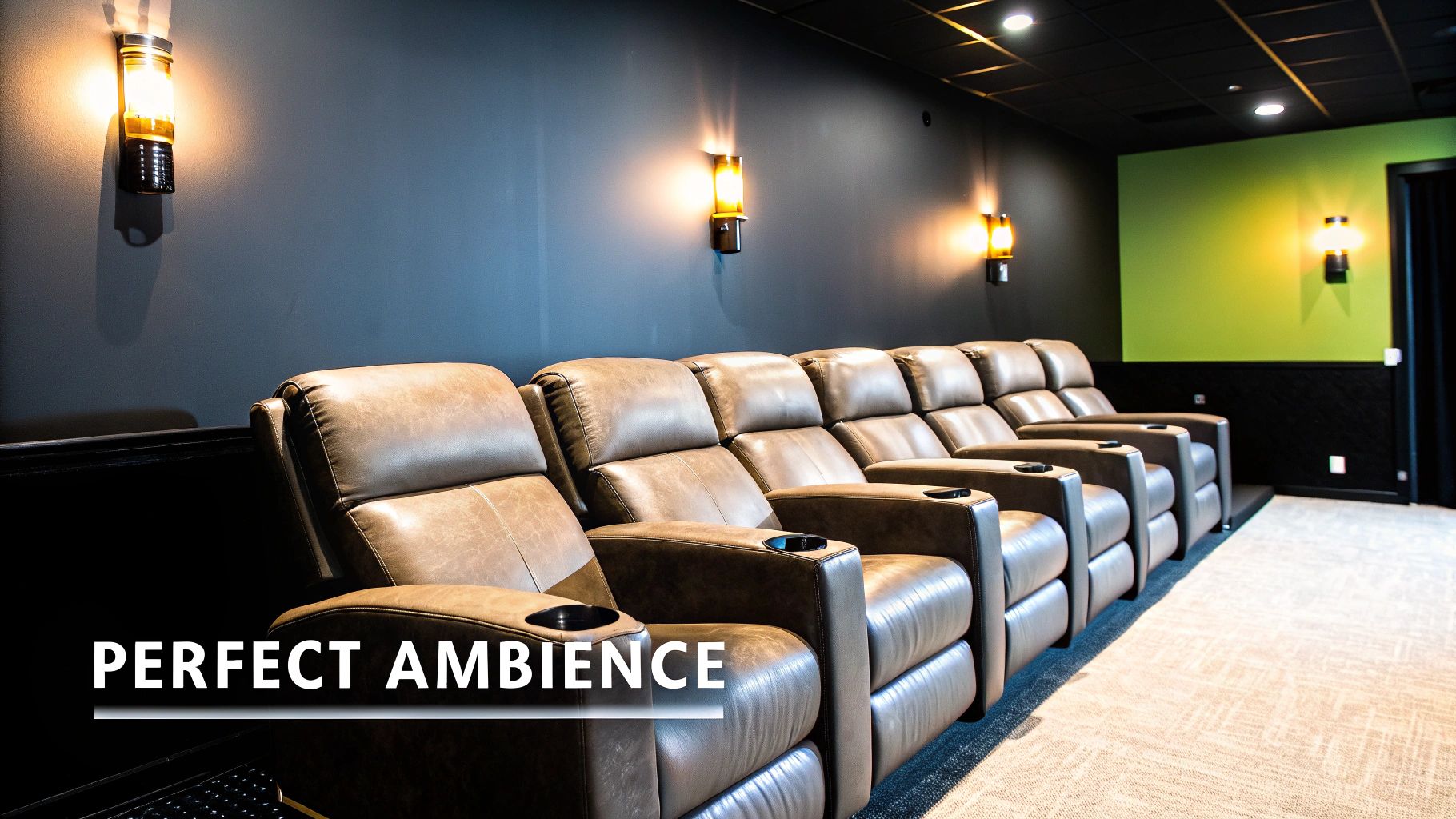 Interior of a modern home theater featuring comfy brown leather recliners and ambient lighting.