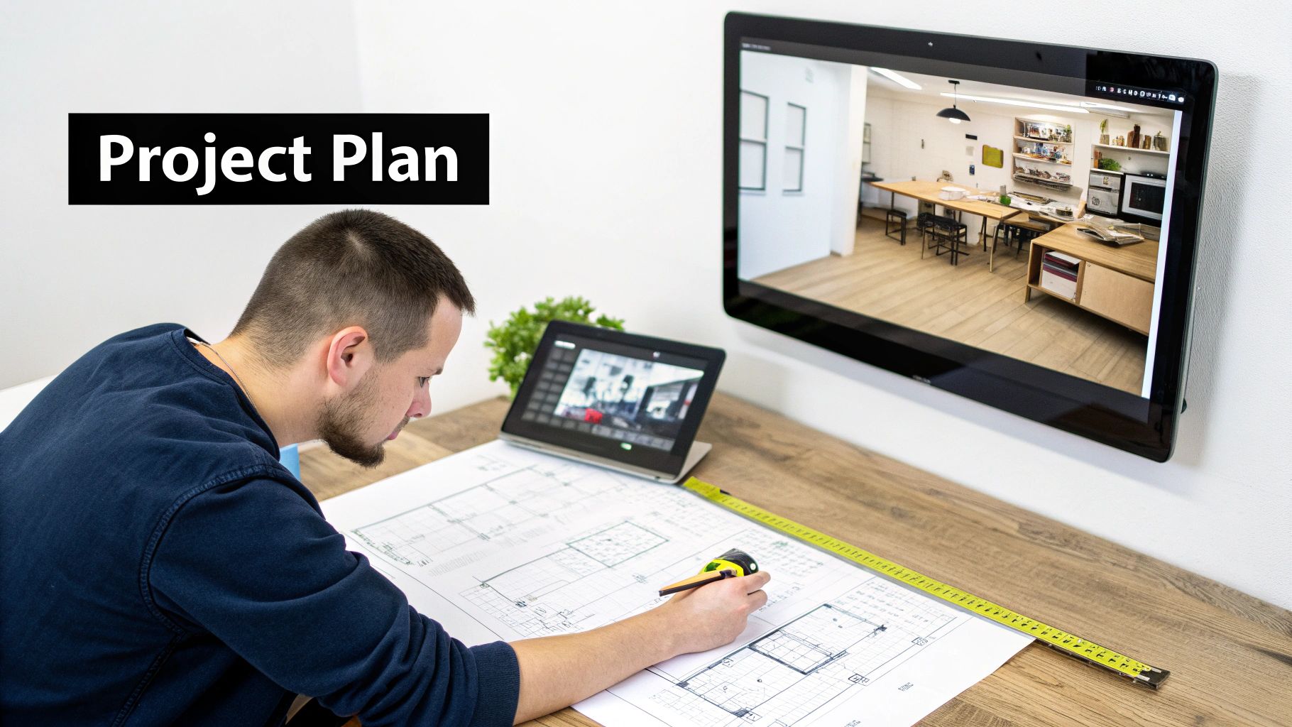 A man works on architectural blueprints at a desk, with a tablet and a large video display showing room designs.