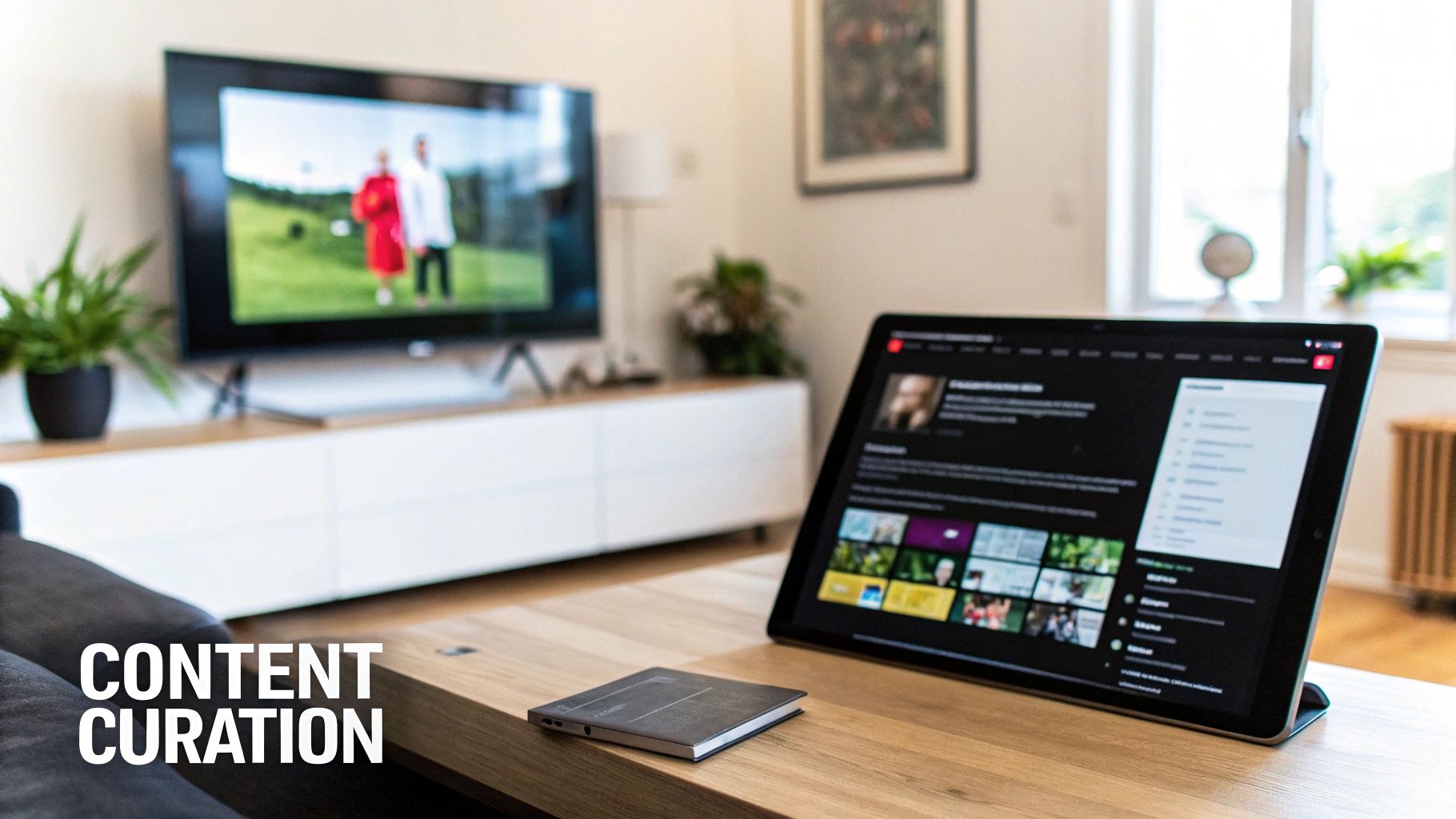 Modern living room setup with tablet displaying content curation platform and television screen