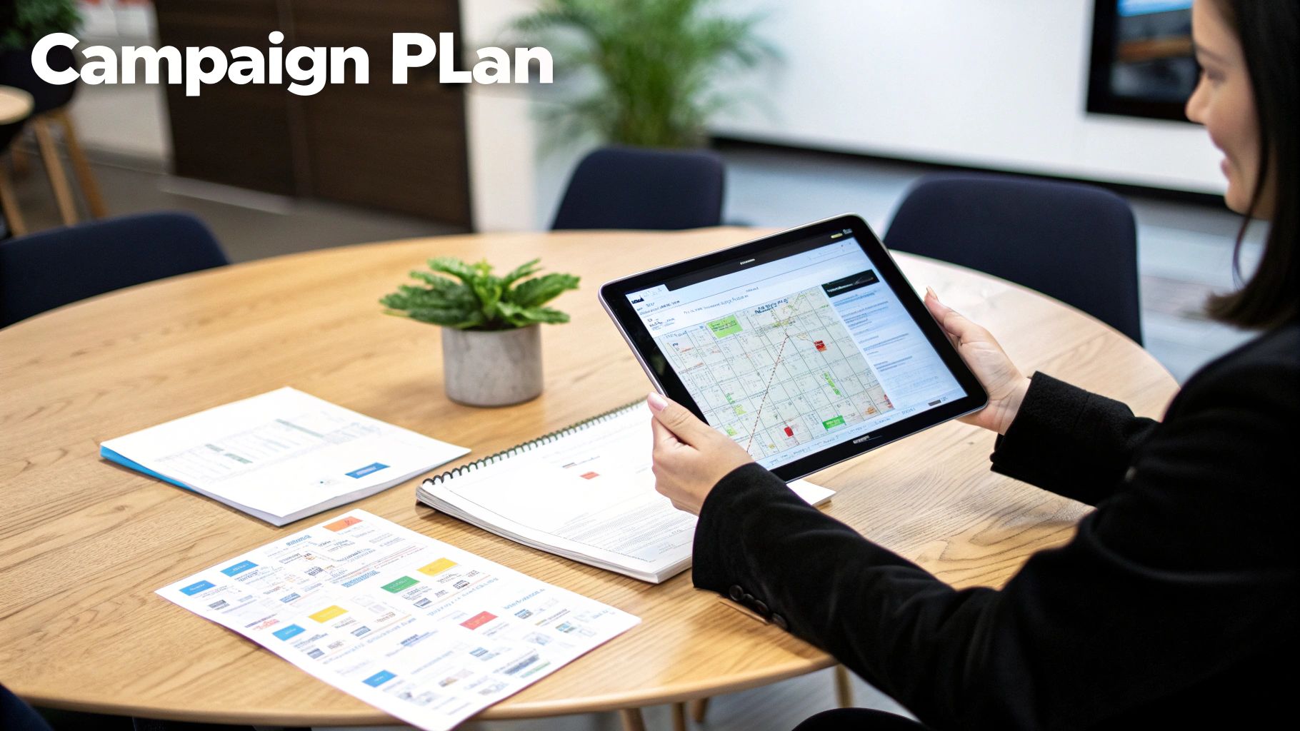 A woman reviews a digital map on a tablet during a campaign planning meeting, with documents on the table.
