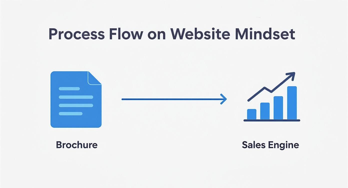 Diagram illustrating a process flow from a brochure to a sales engine for a website mindset.