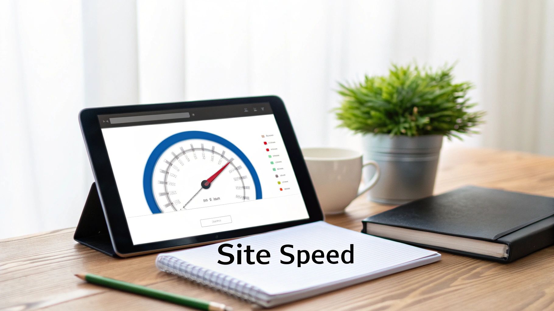 A tablet on a desk displays a site speed gauge, alongside a notebook with 'Site Speed' written on it.