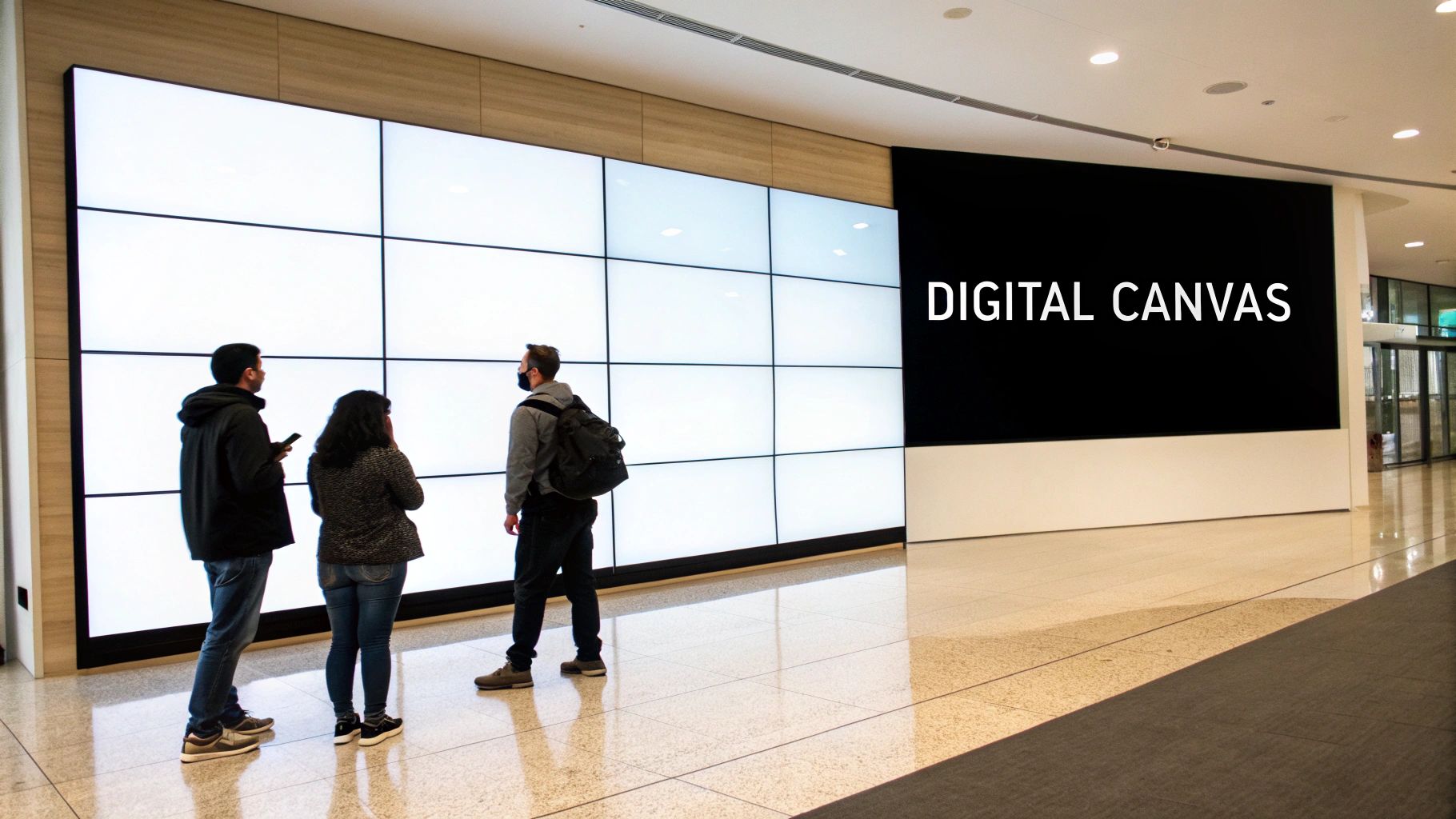 Three people viewing a large multi-screen video wall and a 'Digital Canvas' display in a modern building.
