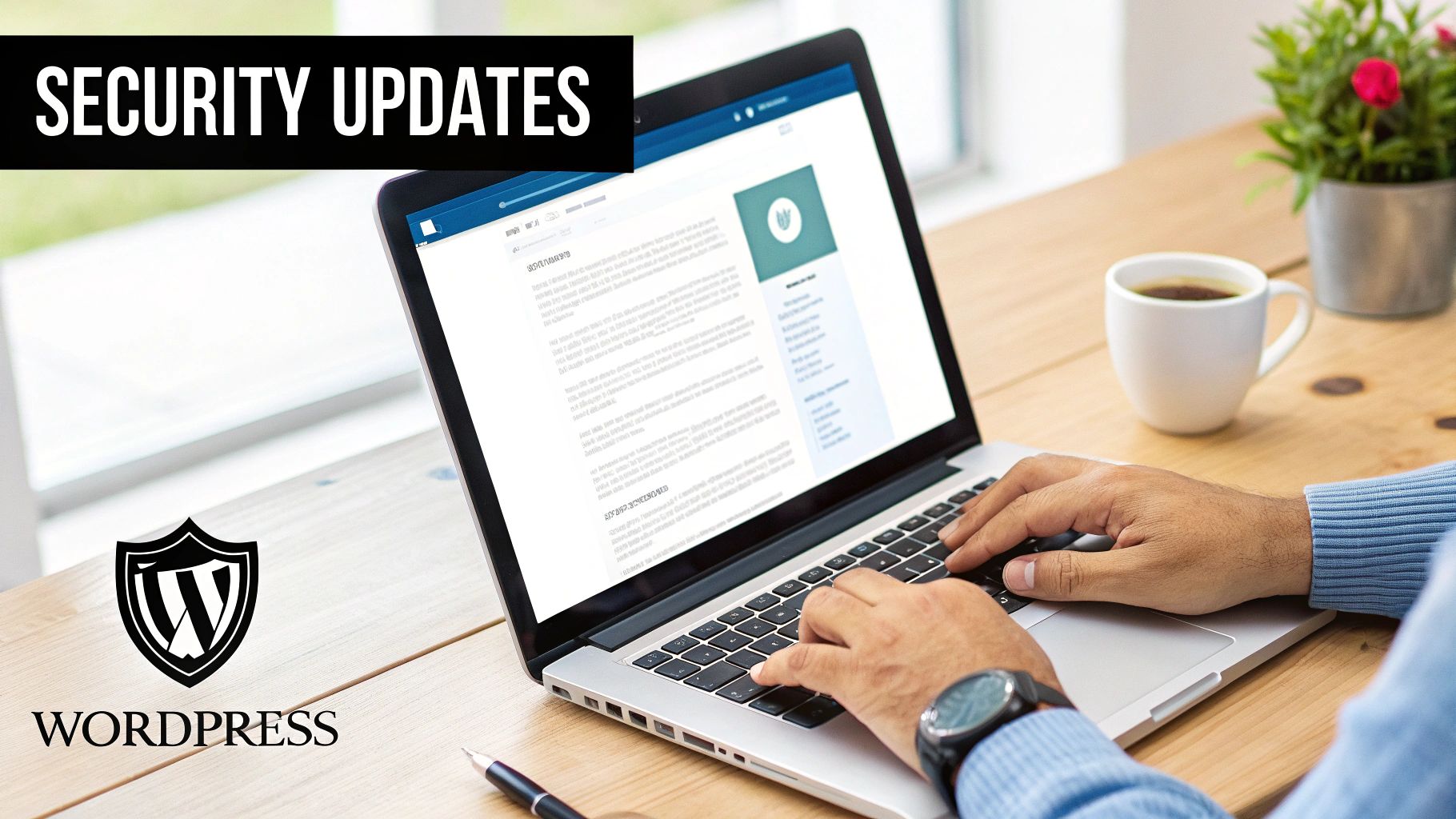 A person types on a laptop displaying a WordPress website with a 'SECURITY UPDATES' banner.