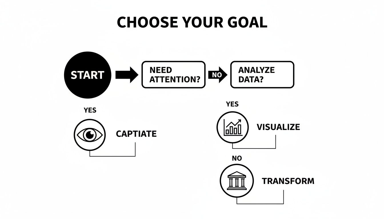 Flowchart illustrating a goal-setting process: start, need attention (captivate), analyze data (visualize, transform).