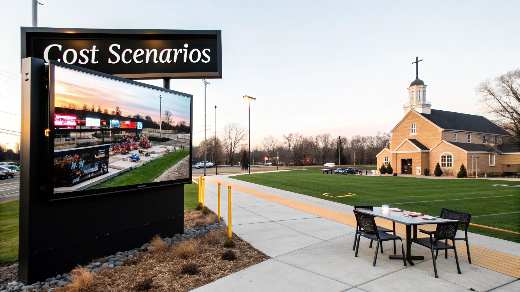 A large outdoor digital billboard displaying 'Cost Scenarios' beside a church and a pathway with an outdoor table.