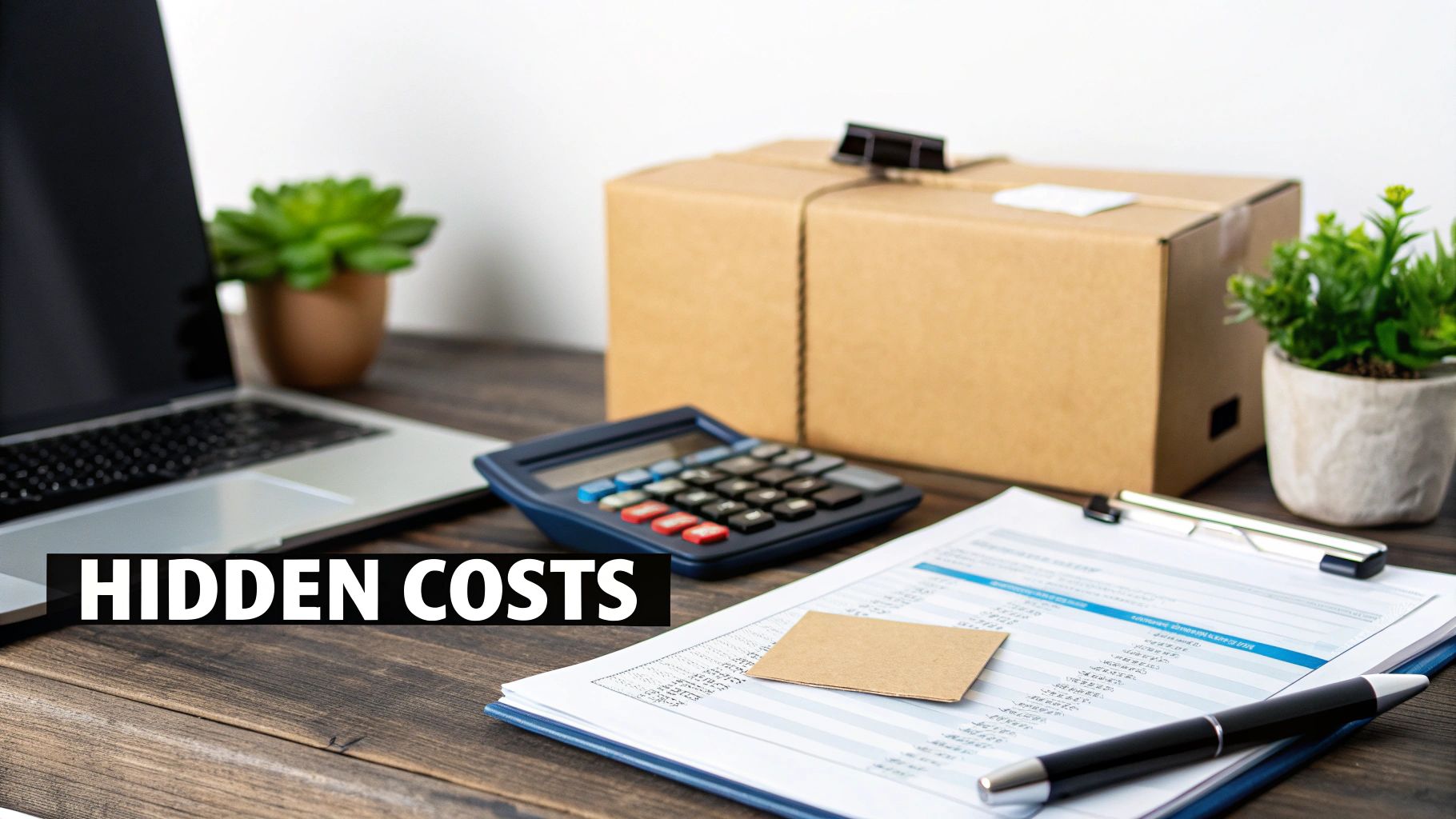 A desk setup showing a laptop, calculator, shipping box, and financial documents with 'HIDDEN COSTS' text.