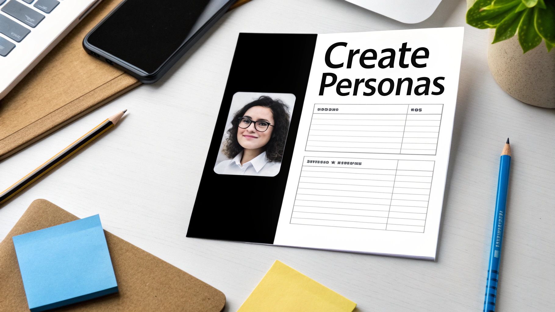 A flat lay of a desk with a document titled 'Create Personas' featuring a user persona template.