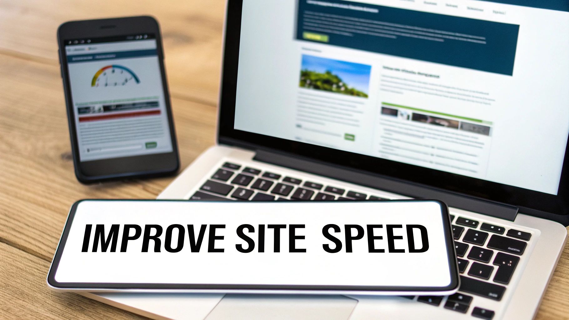 A smartphone showing a speed test, a laptop with a website, and a screen displaying 'IMPROVE SITE SPEED'.