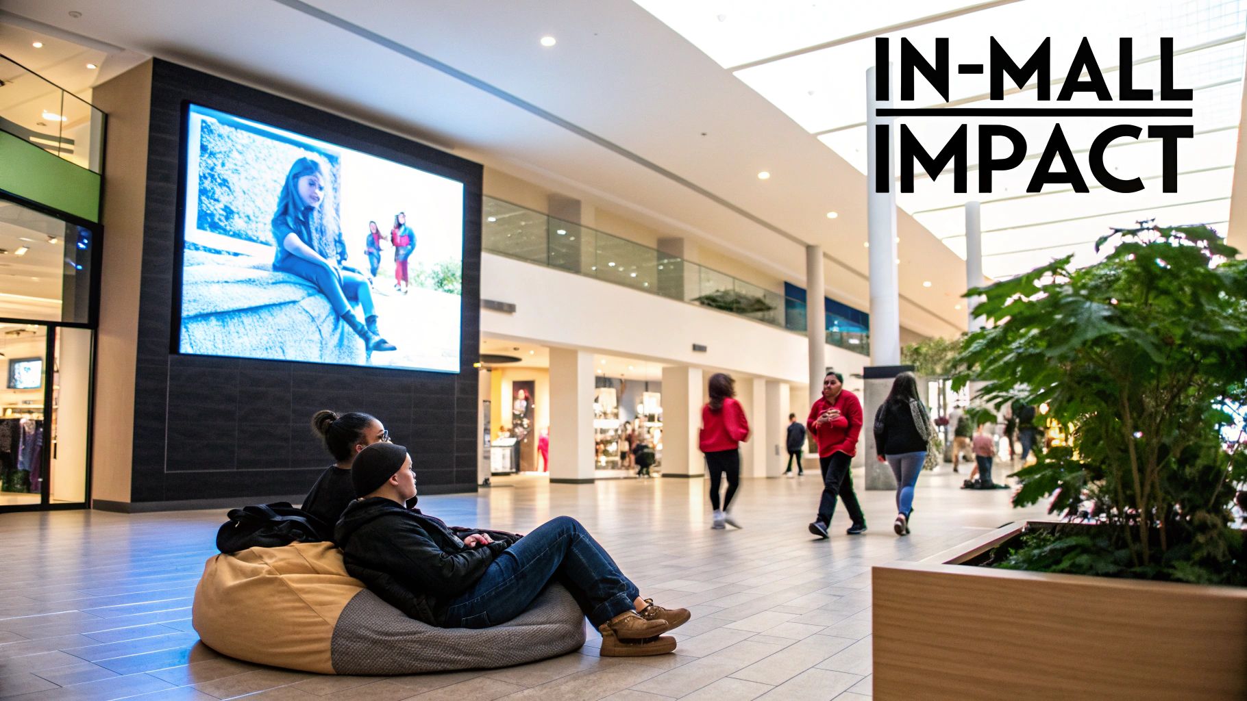 People relax on beanbags watching a large digital screen advertisement in a bright, modern shopping mall.