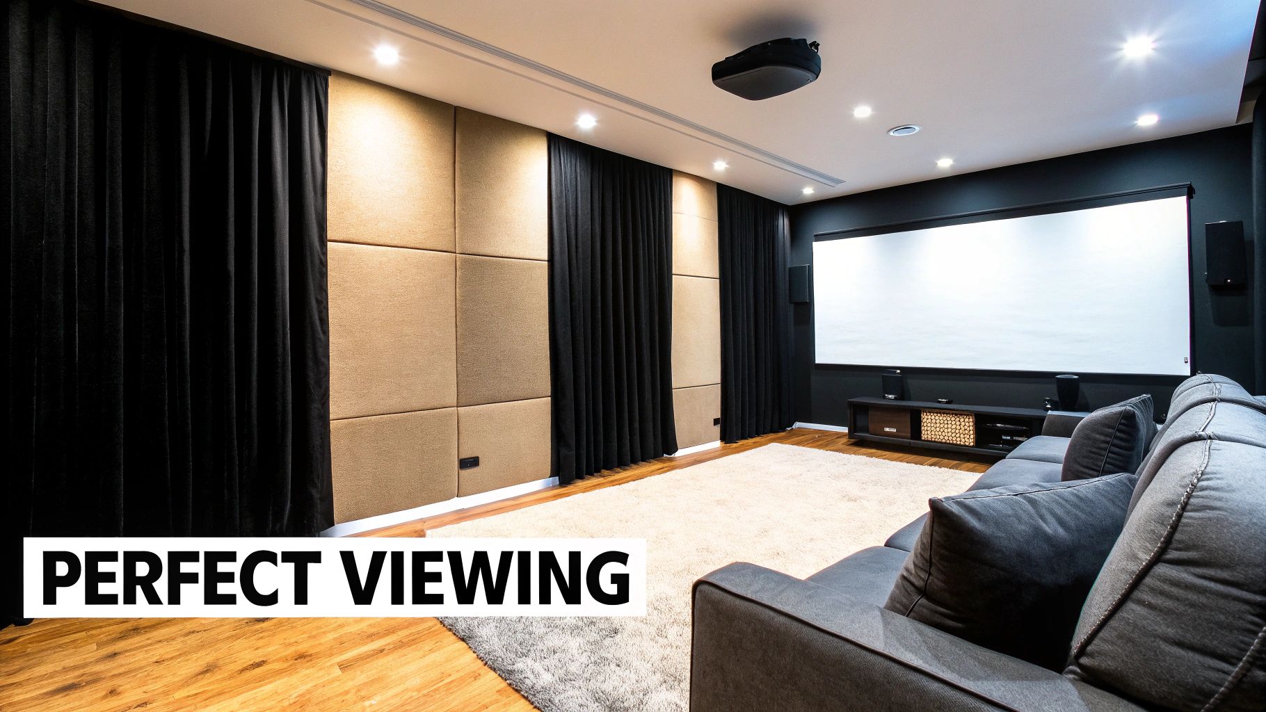 How to Build Home Theater: A Step-by-Step Guide 2 A dark, well-designed home theater room with acoustic panels and comfortable seating.