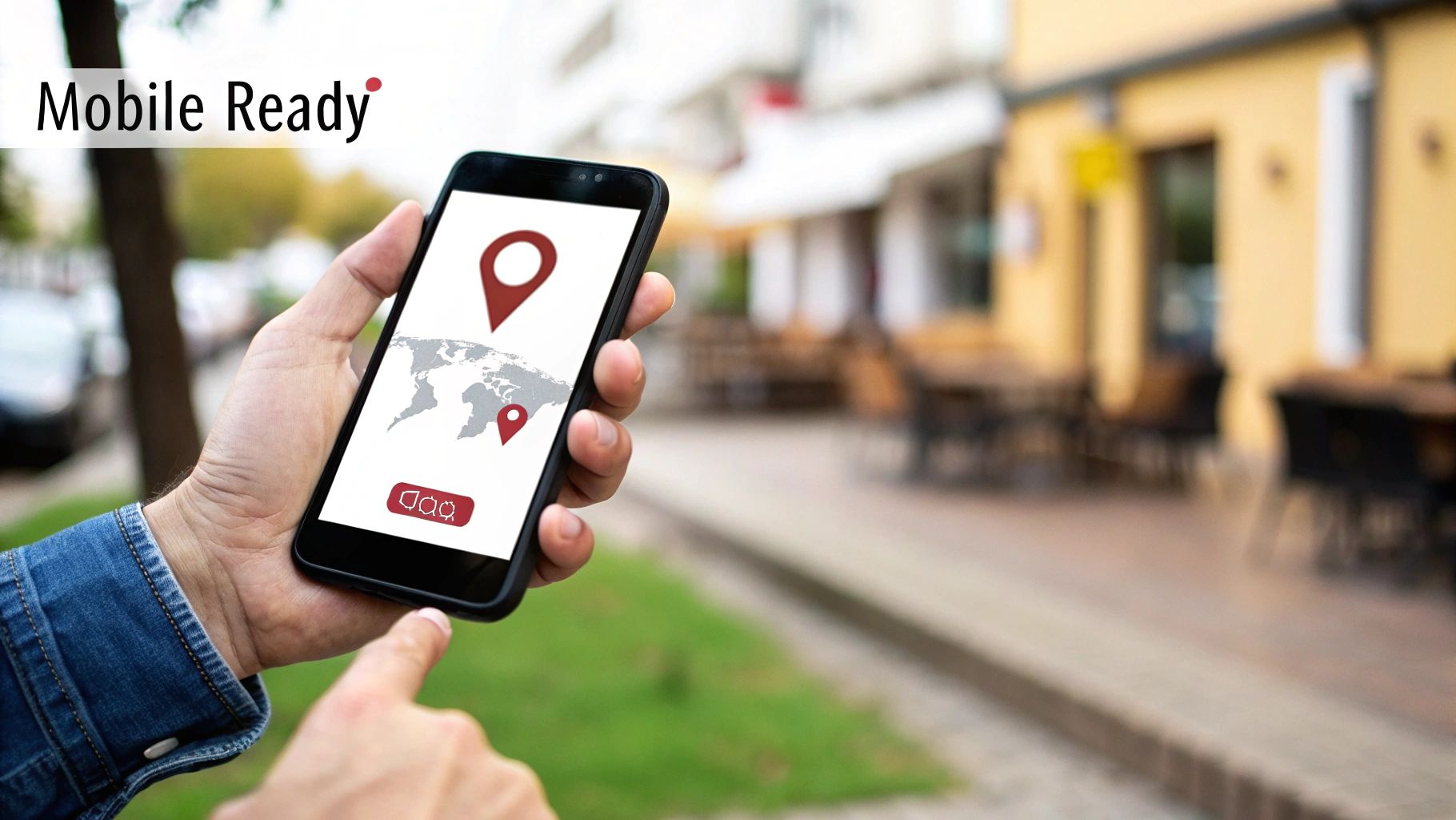 A hand holds a smartphone displaying a map with red location pins, illustrating mobile readiness.