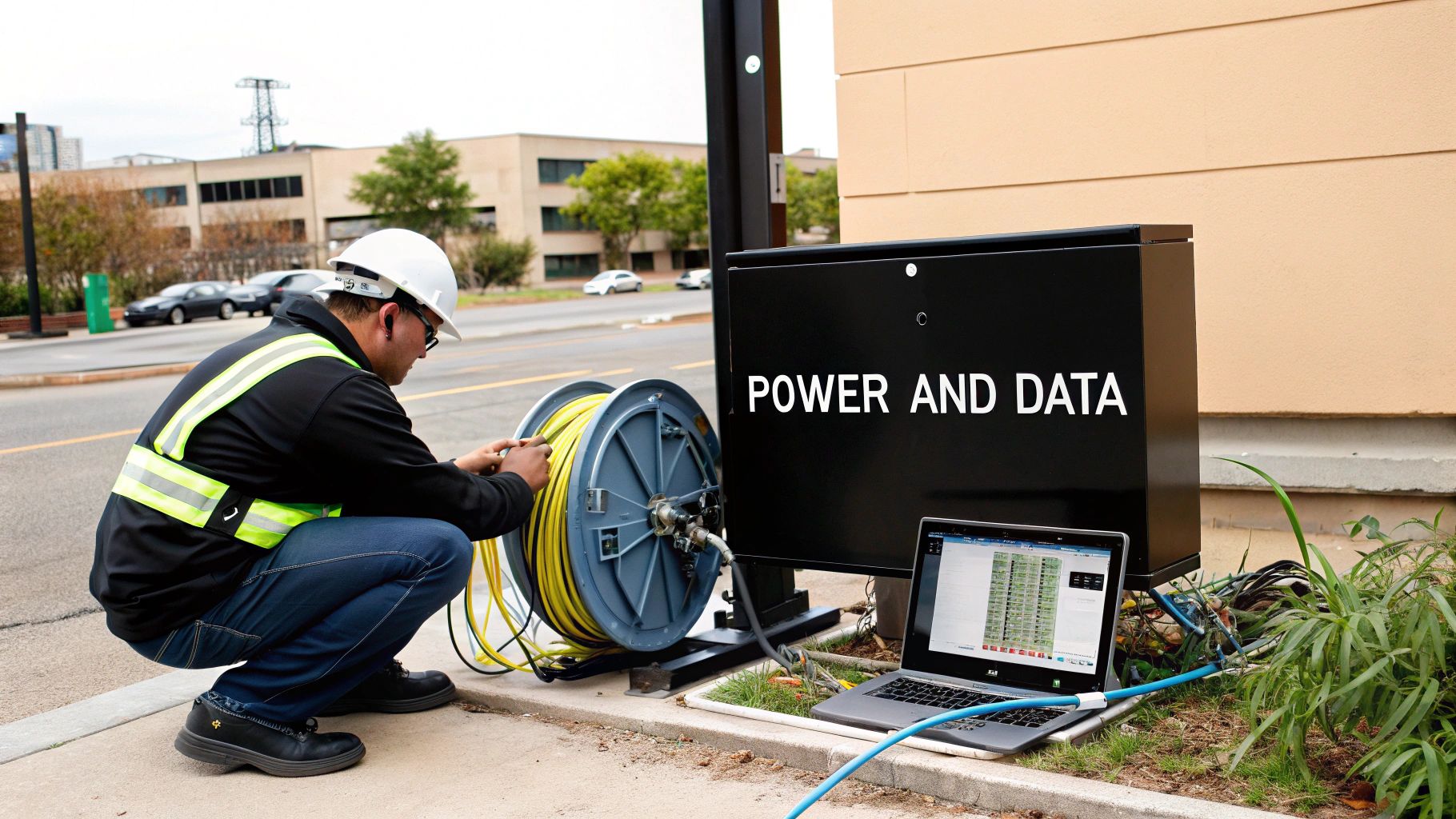 A technician in safety gear connects cables to a power and data box, monitoring progress on a laptop.