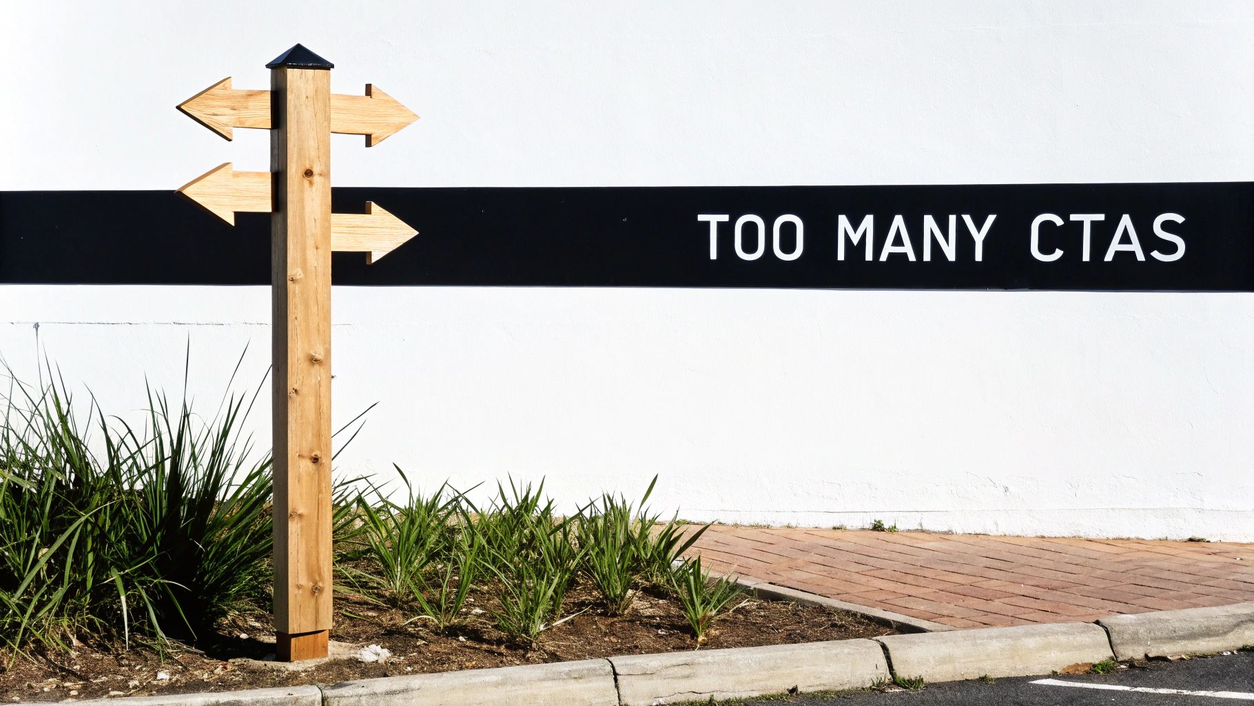 A wooden signpost with multiple arrow directions stands before a wall displaying 'TOO MANY CTAS'.