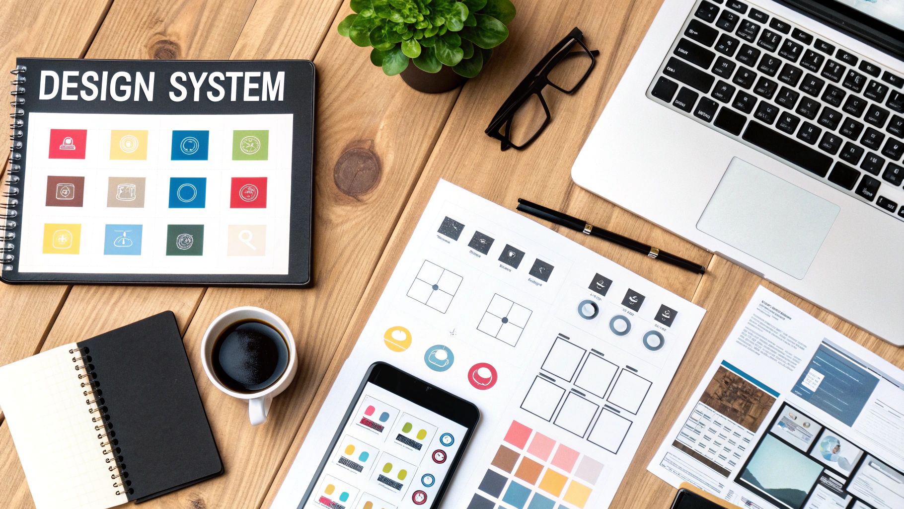 A collage of design components like color palettes, typography, and buttons, representing a design system.