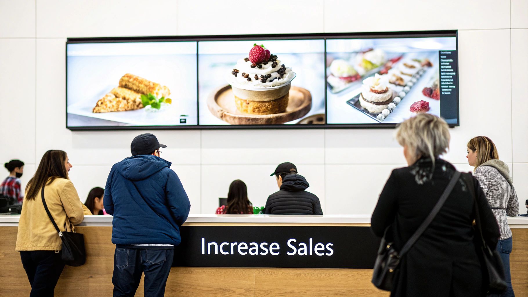 A digital menu board in a restaurant displays vibrant images of food and drinks.