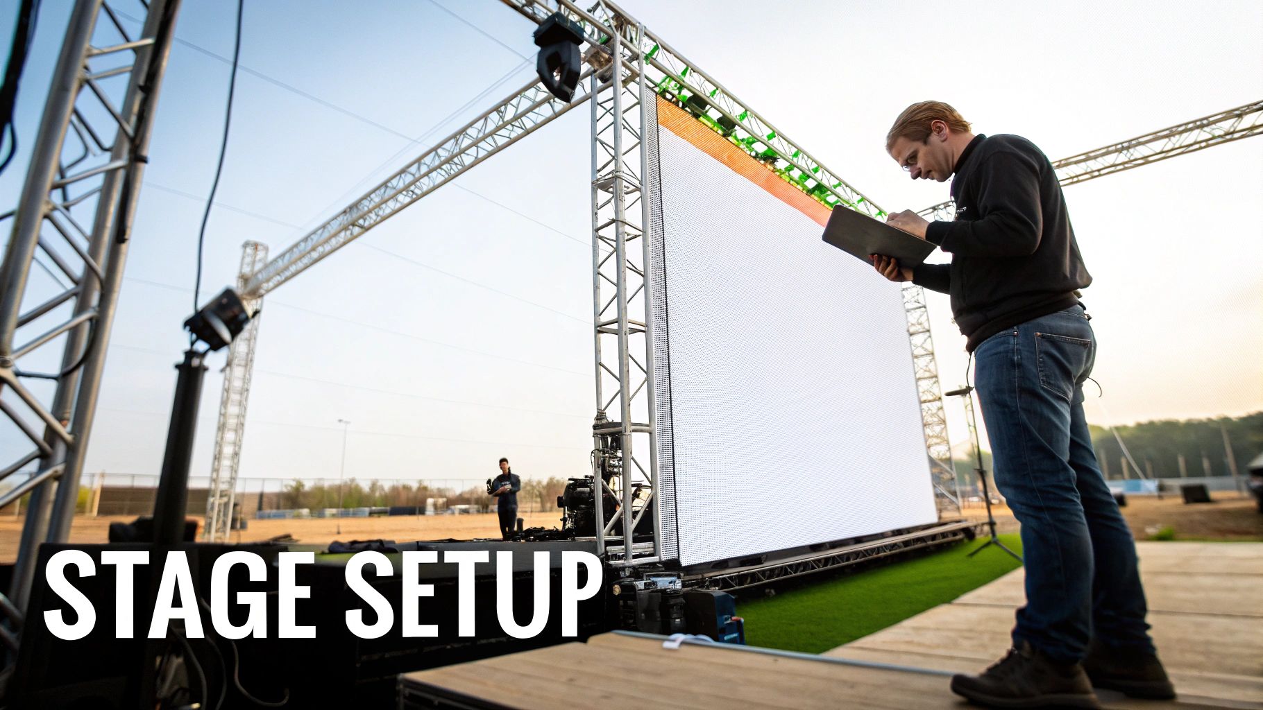 Professional technician reviewing plans during outdoor LED screen stage setup with metal truss system