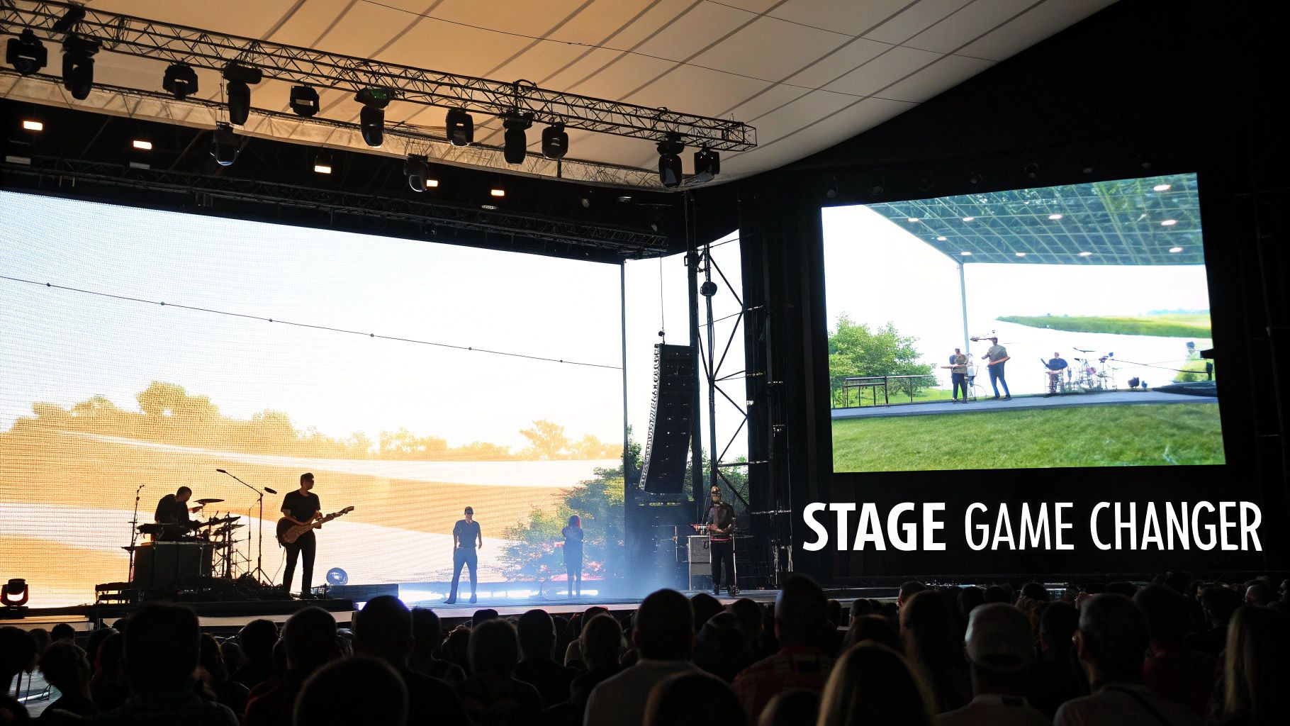 A live concert featuring musicians performing on stage with large LED screens and an audience watching.