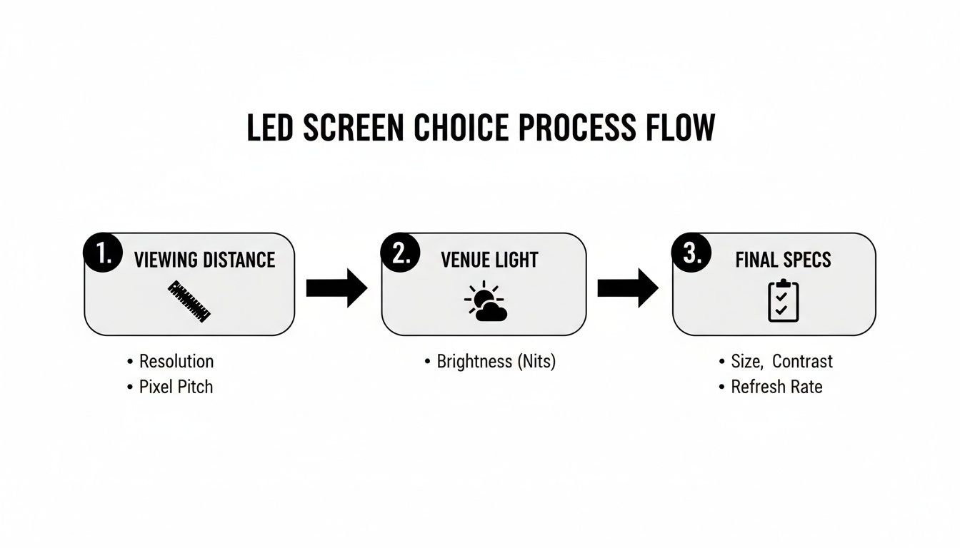 A Practical Guide to Using an LED Screen on Stage 2 Flowchart illustrating the LED screen selection process based on viewing distance, venue light, and final specifications.