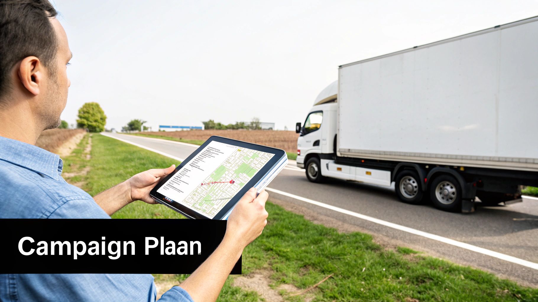 Digital Billboard Truck: Boost Your Campaign with Mobile Ads 4 A man views a delivery truck's route on a tablet, showcasing logistics and mapping.