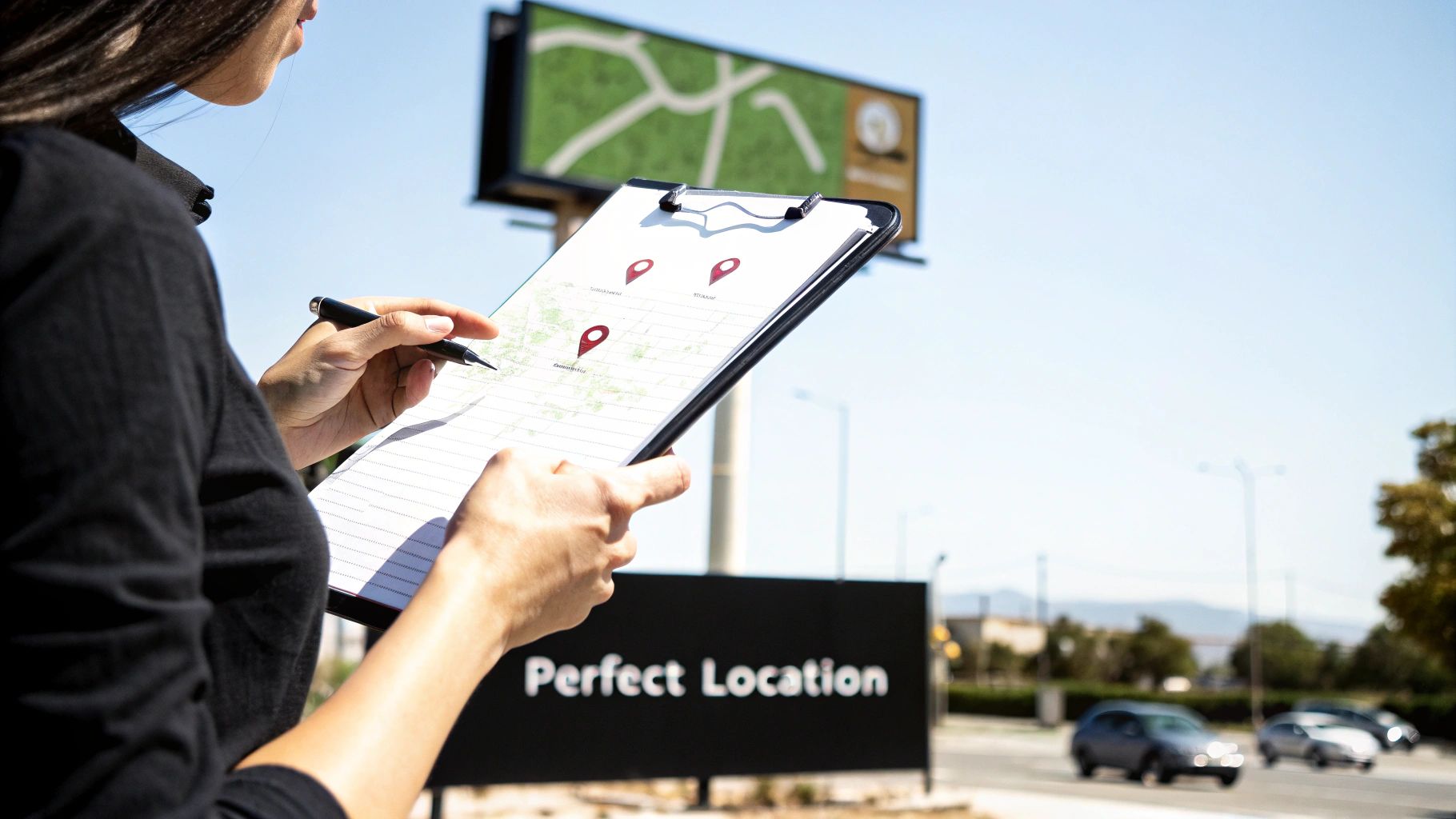 How to Buy Billboards a Practical Guide to Outdoor Advertising 4 A person holds a clipboard with a map and location pins, planning an outdoor billboard advertisement.
